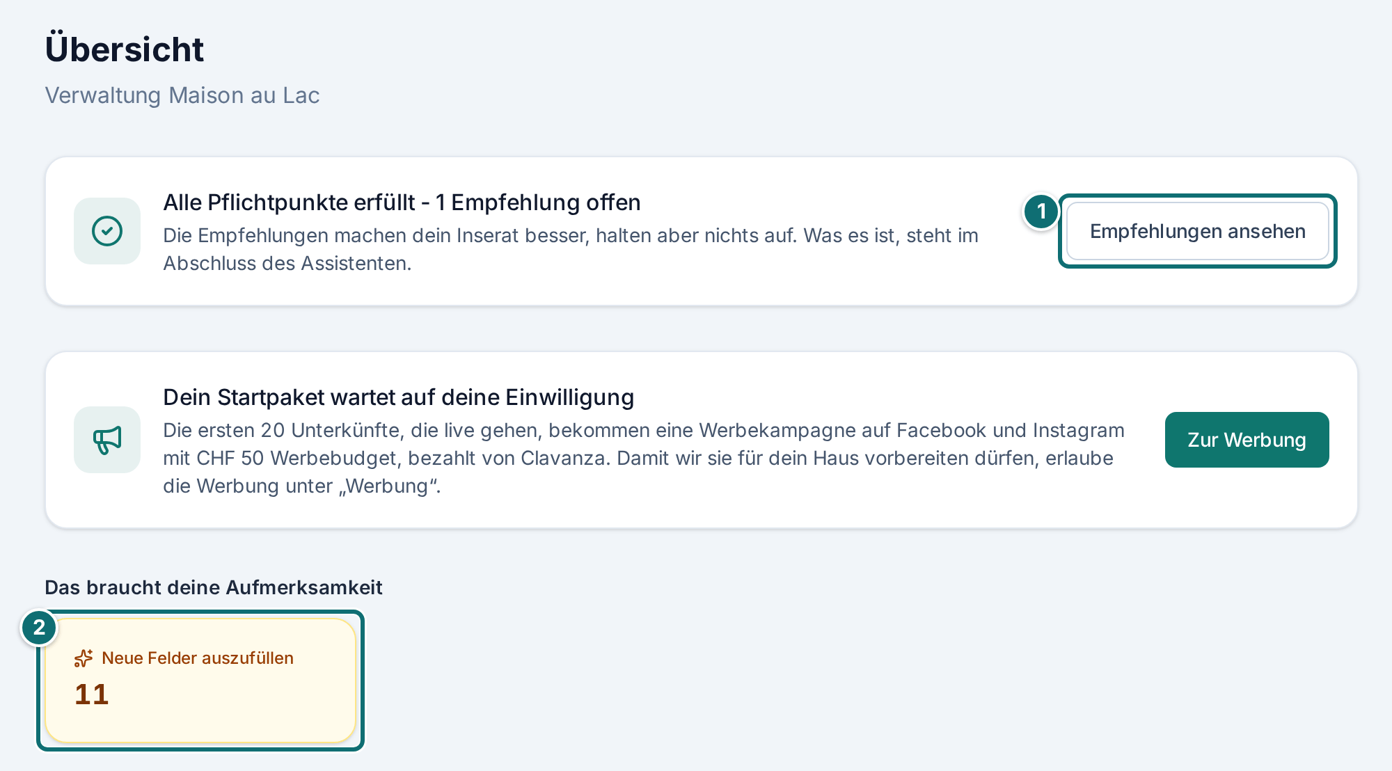 Übersicht nach der Anmeldung (Startseite der Verwaltung)