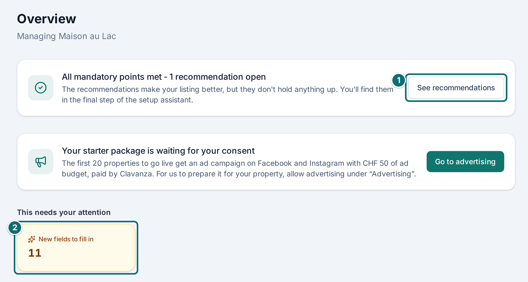 Overview after sign-in (home page of the admin area)