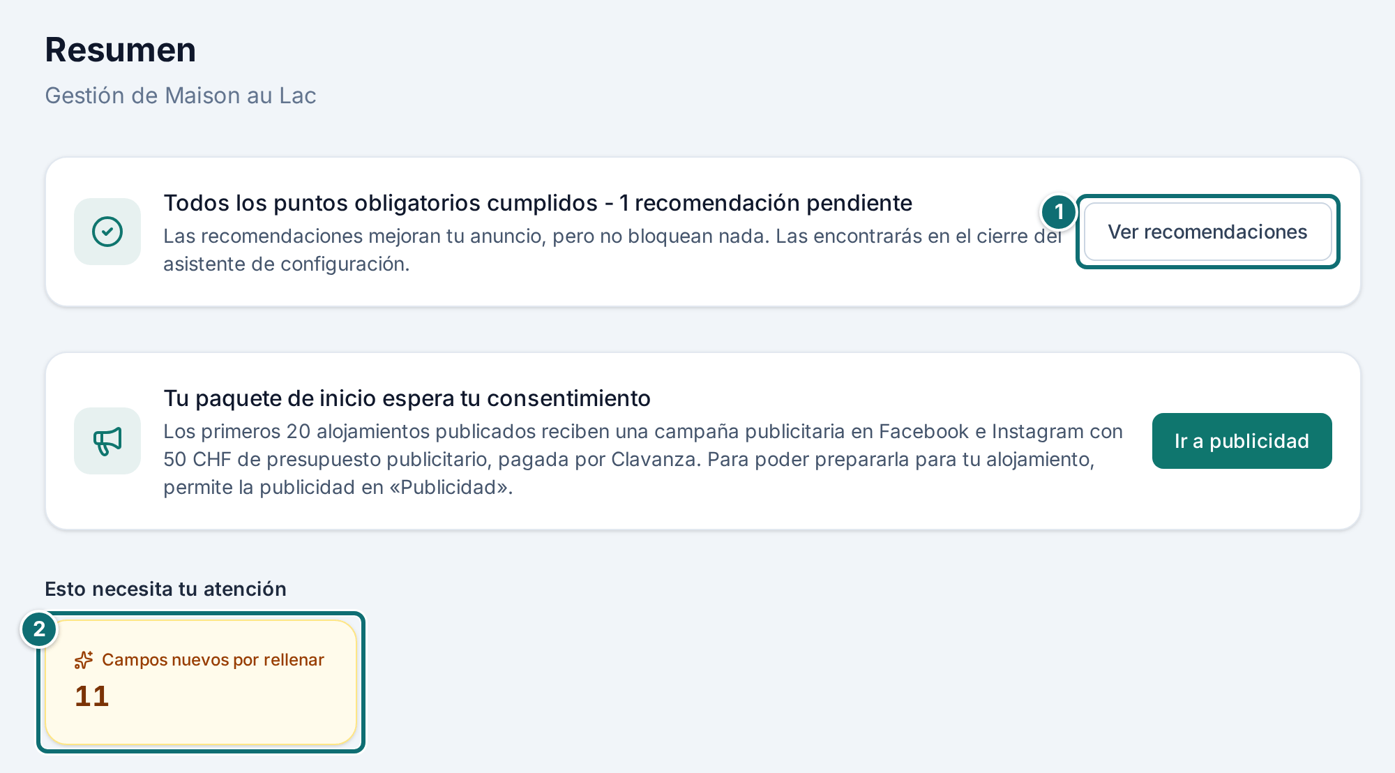 Resumen después de iniciar sesión (página de inicio de la gestión)
