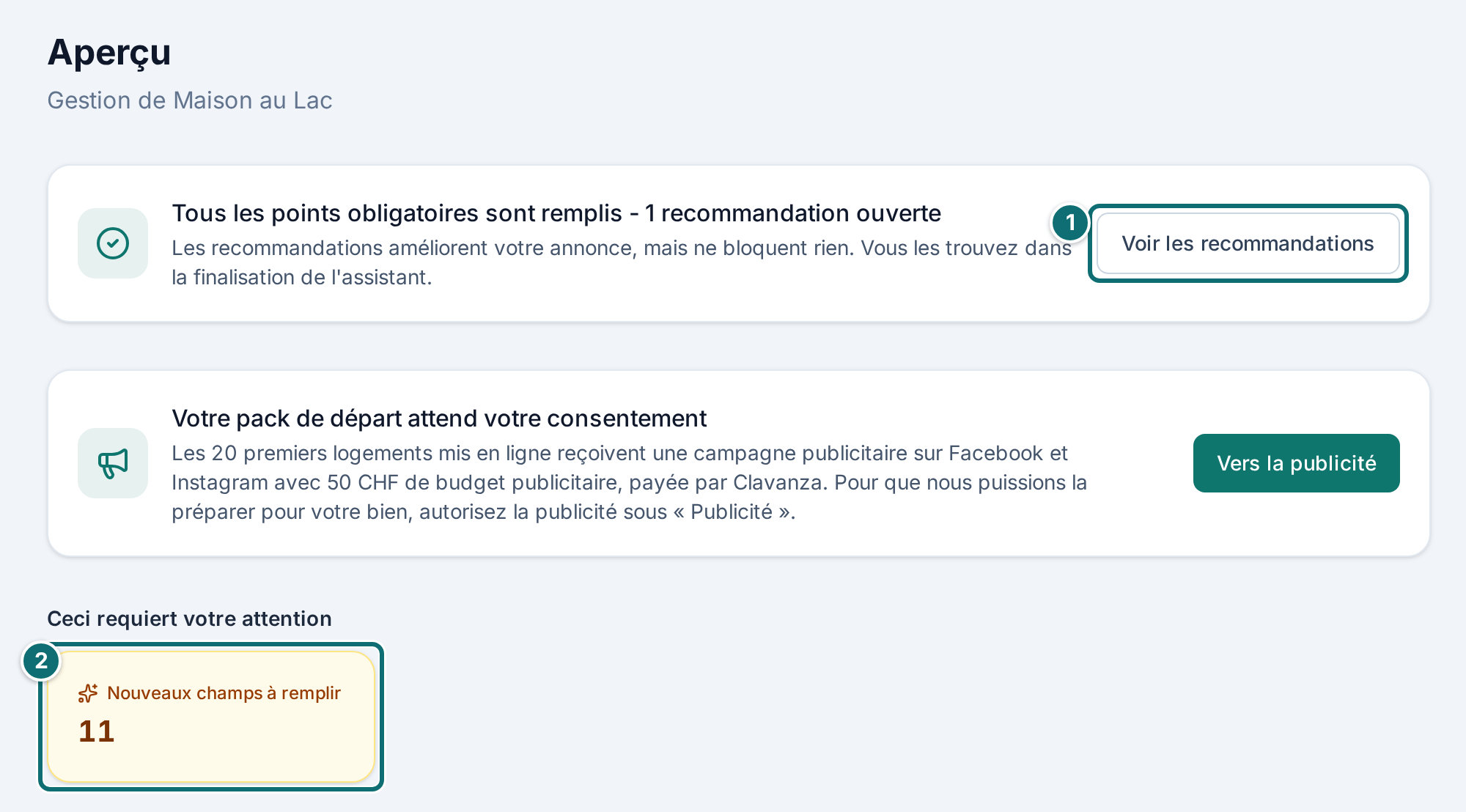 Aperçu après la connexion (page d'accueil de la gestion)
