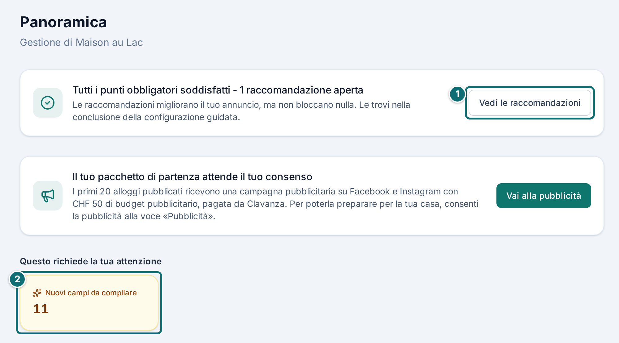 Panoramica dopo l'accesso (pagina iniziale della gestione)
