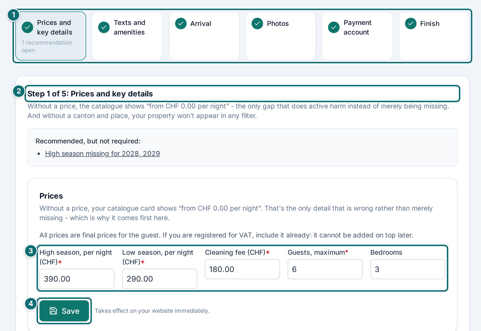 Assistant "Set up your listing", step 1 Prices and key details