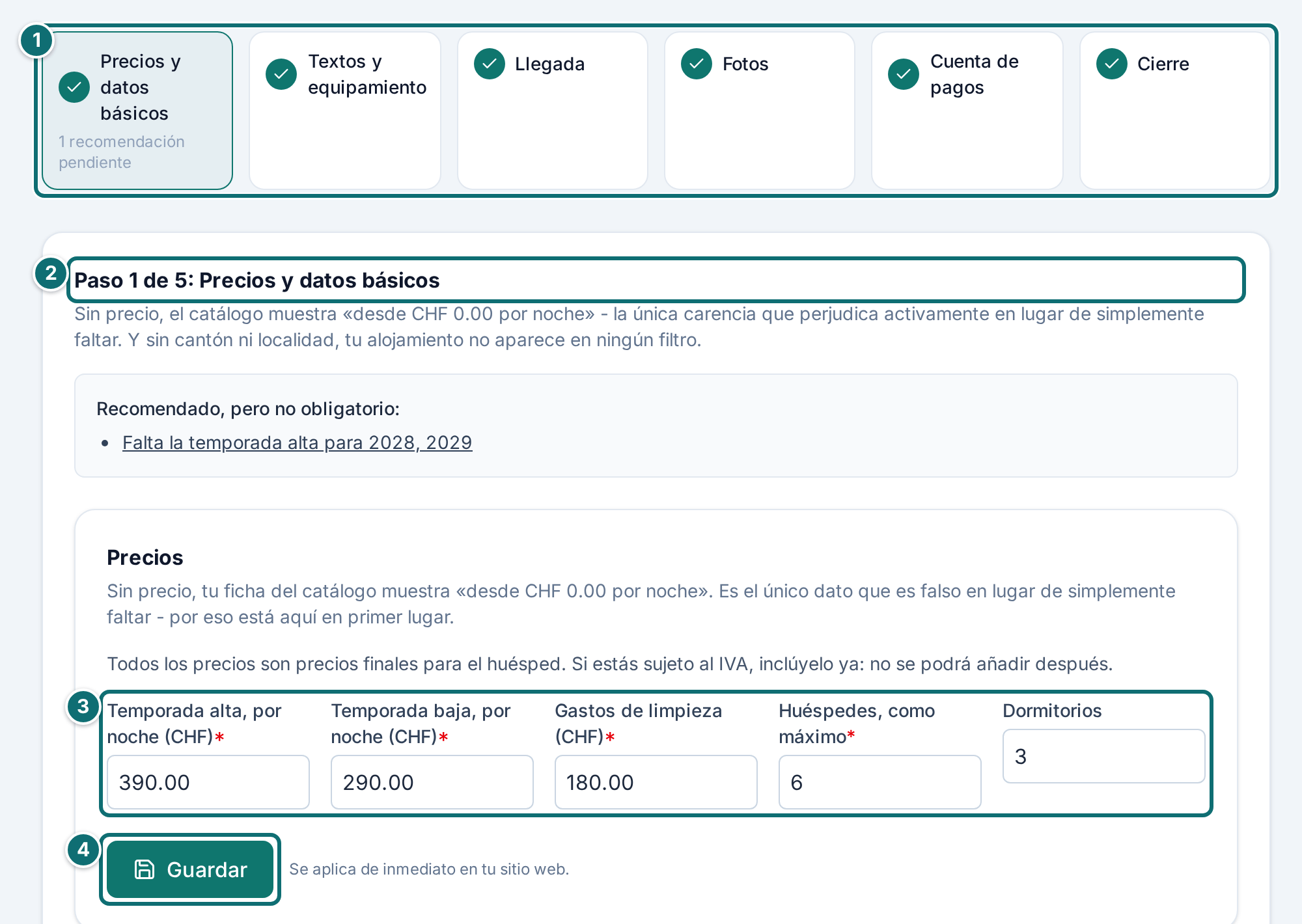 Asistente « Configurar el anuncio », paso 1 Precios y datos básicos