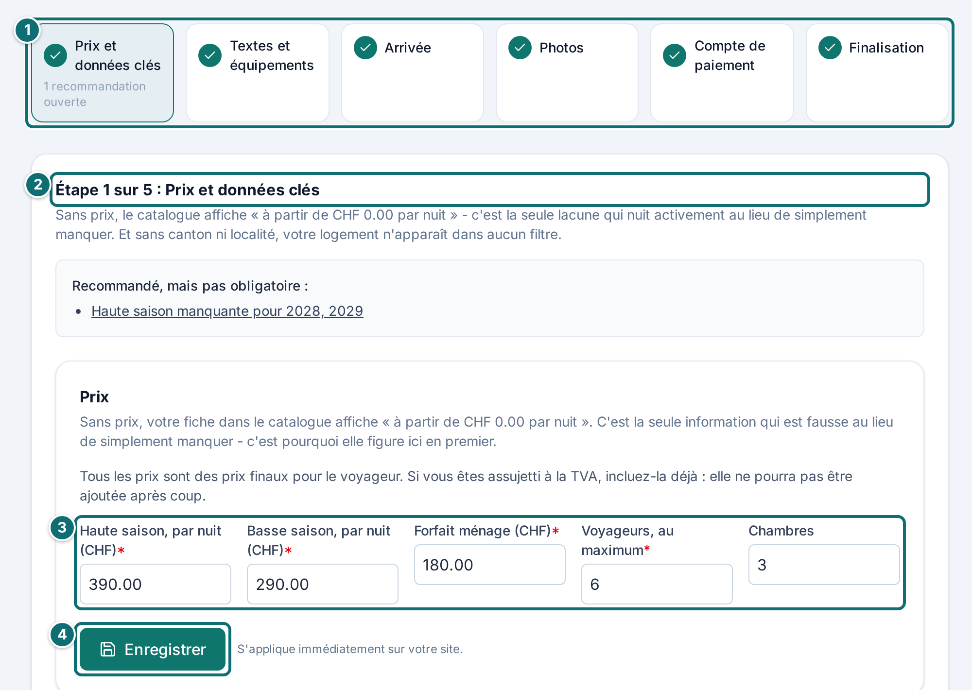 Assistant « Configurer l'annonce », étape 1 Prix et données clés