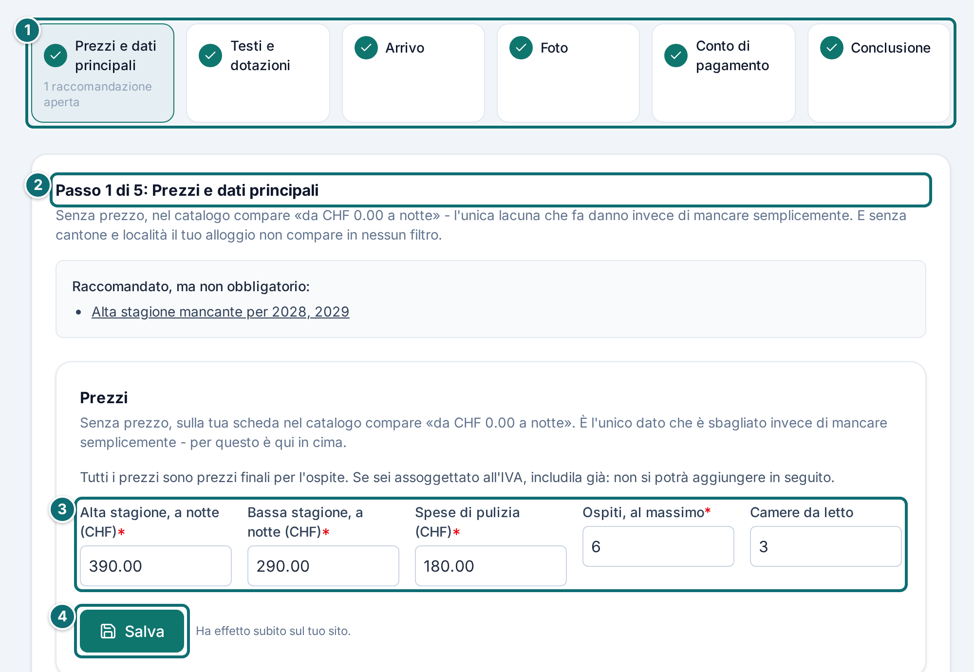 Assistente «Configura l'annuncio», passo 1 Prezzi e dati principali