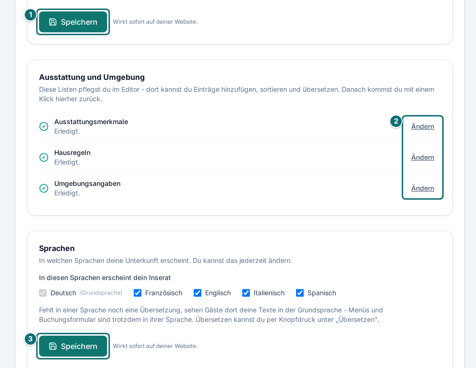 Assistent Schritt 2, unterer Teil: Ausstattung, Umgebung und Sprachen