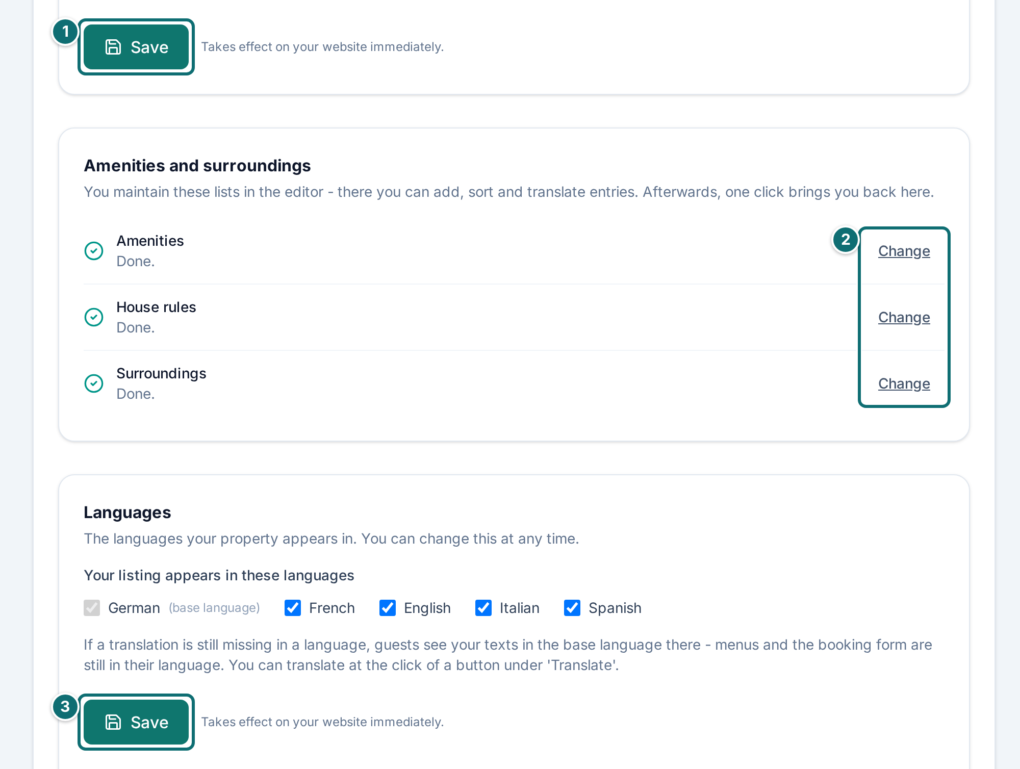 Assistant step 2, lower part: amenities, surroundings and languages