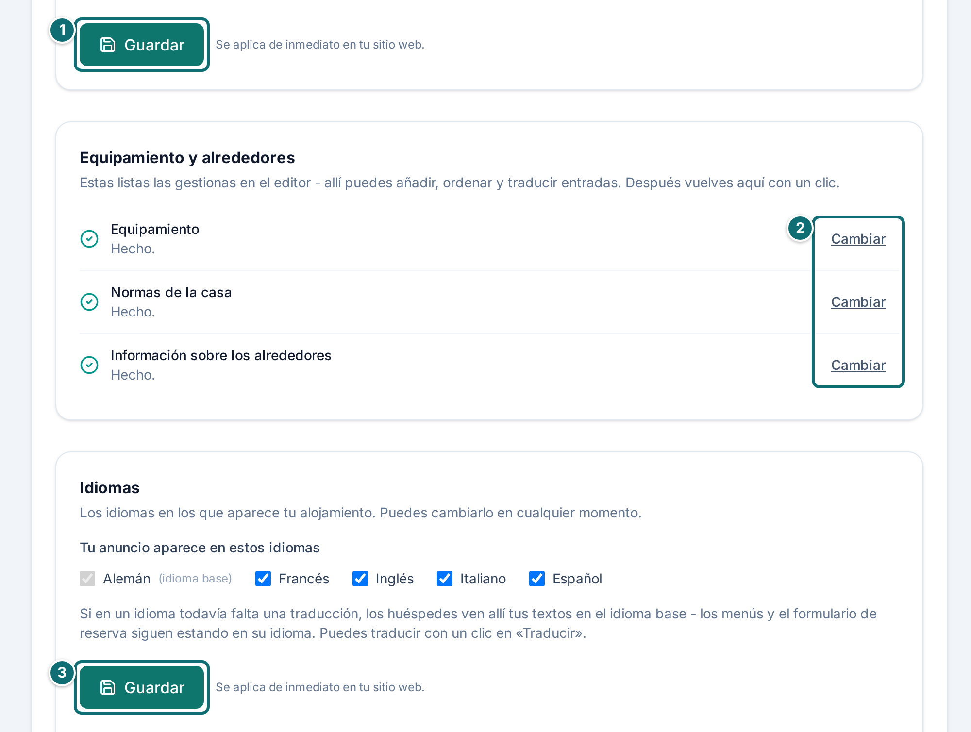 Asistente paso 2, parte inferior: equipamiento, alrededores e idiomas