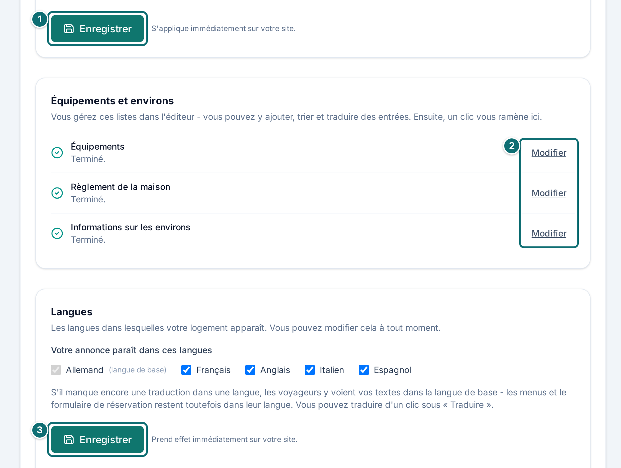 Assistant étape 2, partie basse : équipements, environs et langues