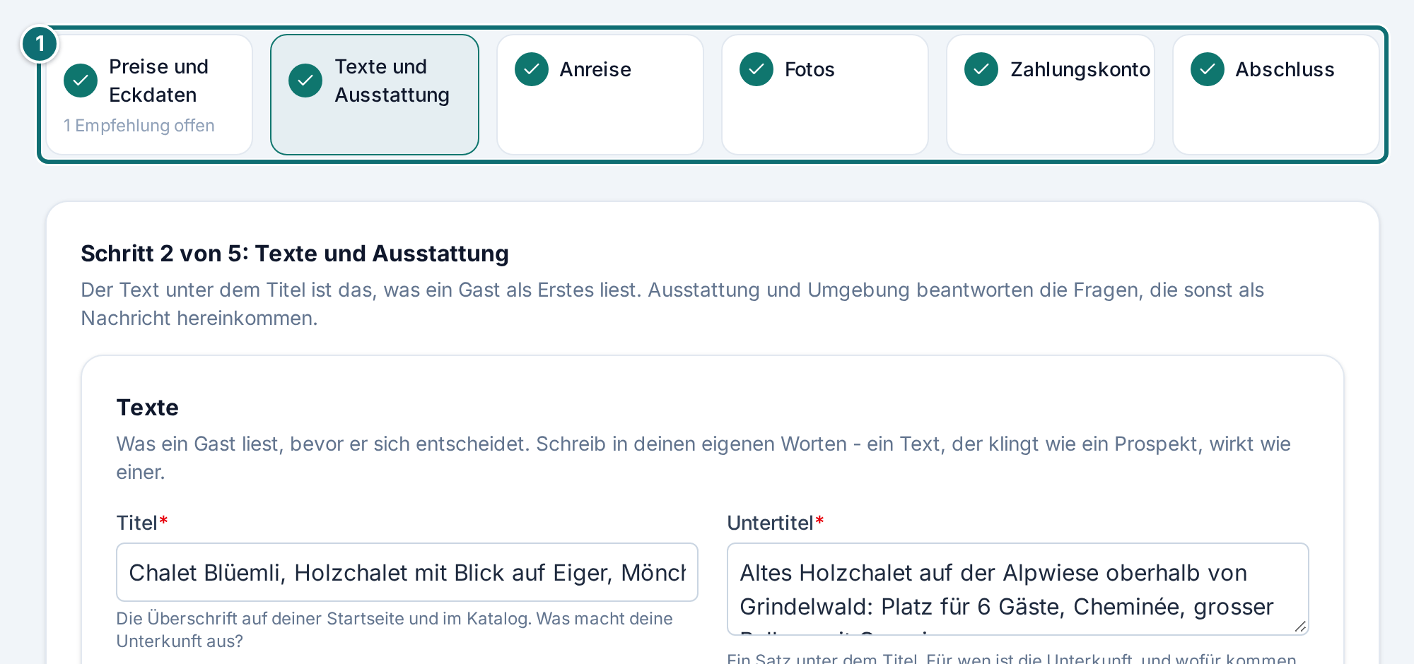 Assistent Schritt 2 Texte und Ausstattung, Kasten mit fehlenden Angaben