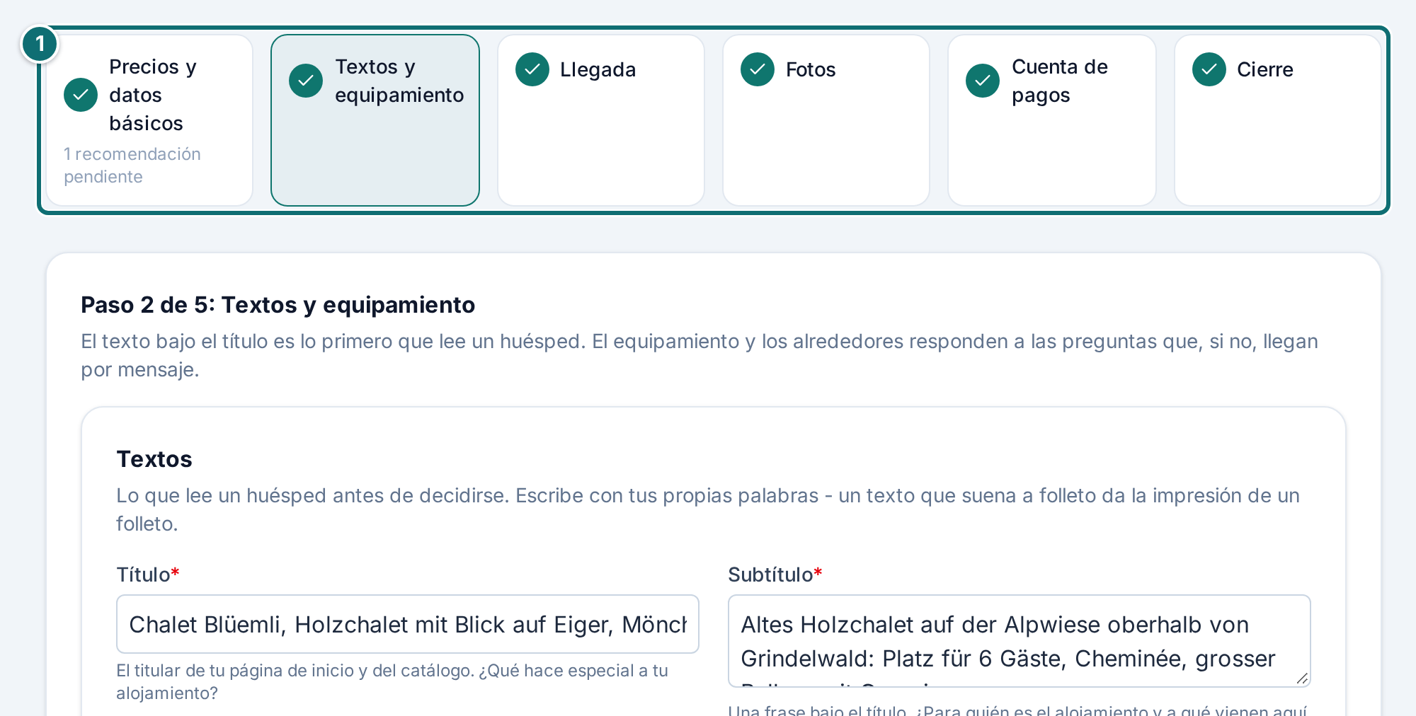 Asistente paso 2 Textos y equipamiento, recuadro de datos que faltan