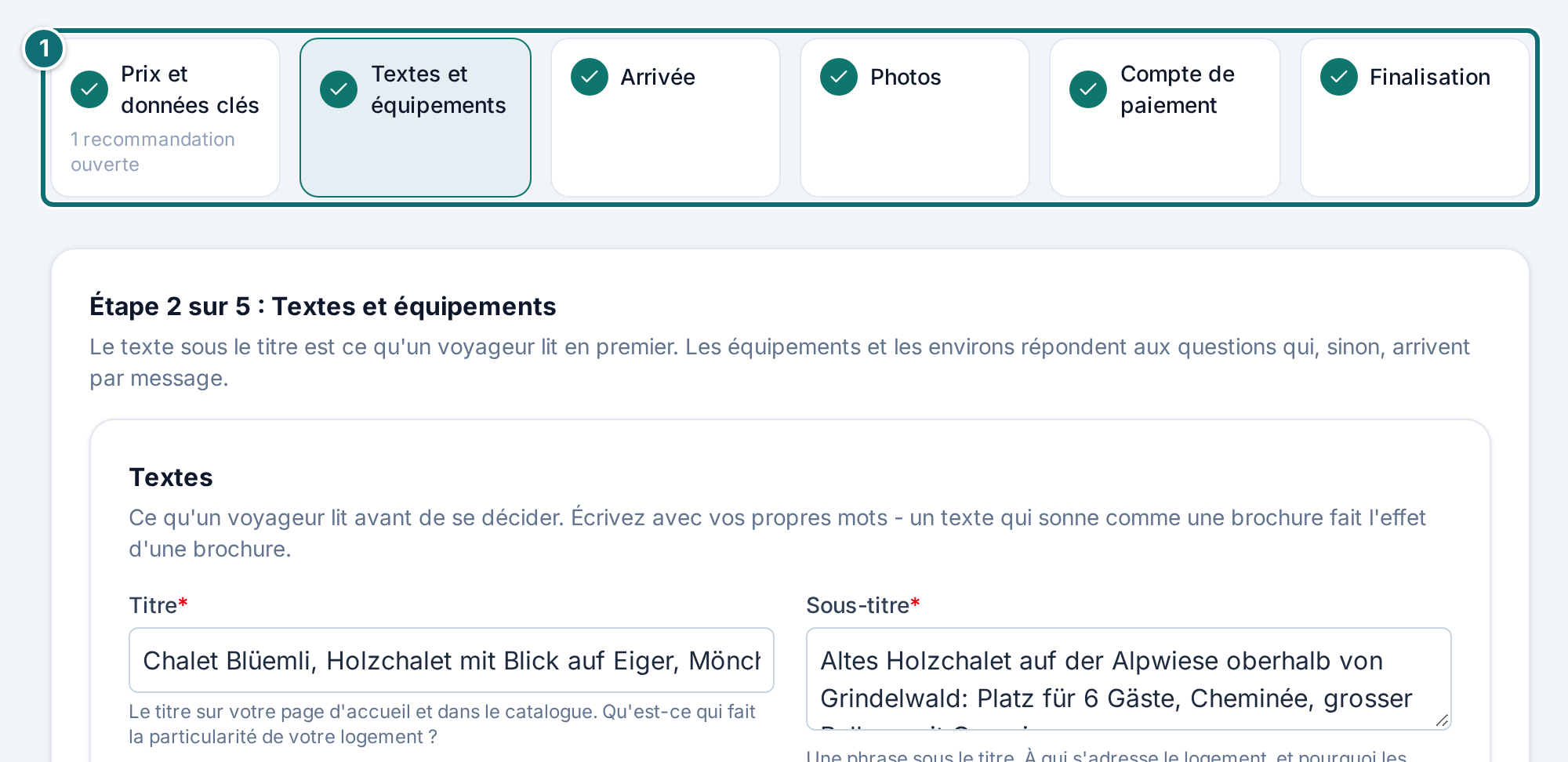 Assistant étape 2 Textes et équipements, cadre des informations manquantes