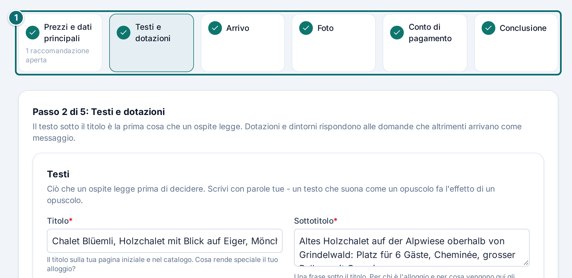Assistente passo 2 Testi e dotazioni, riquadro dei dati mancanti