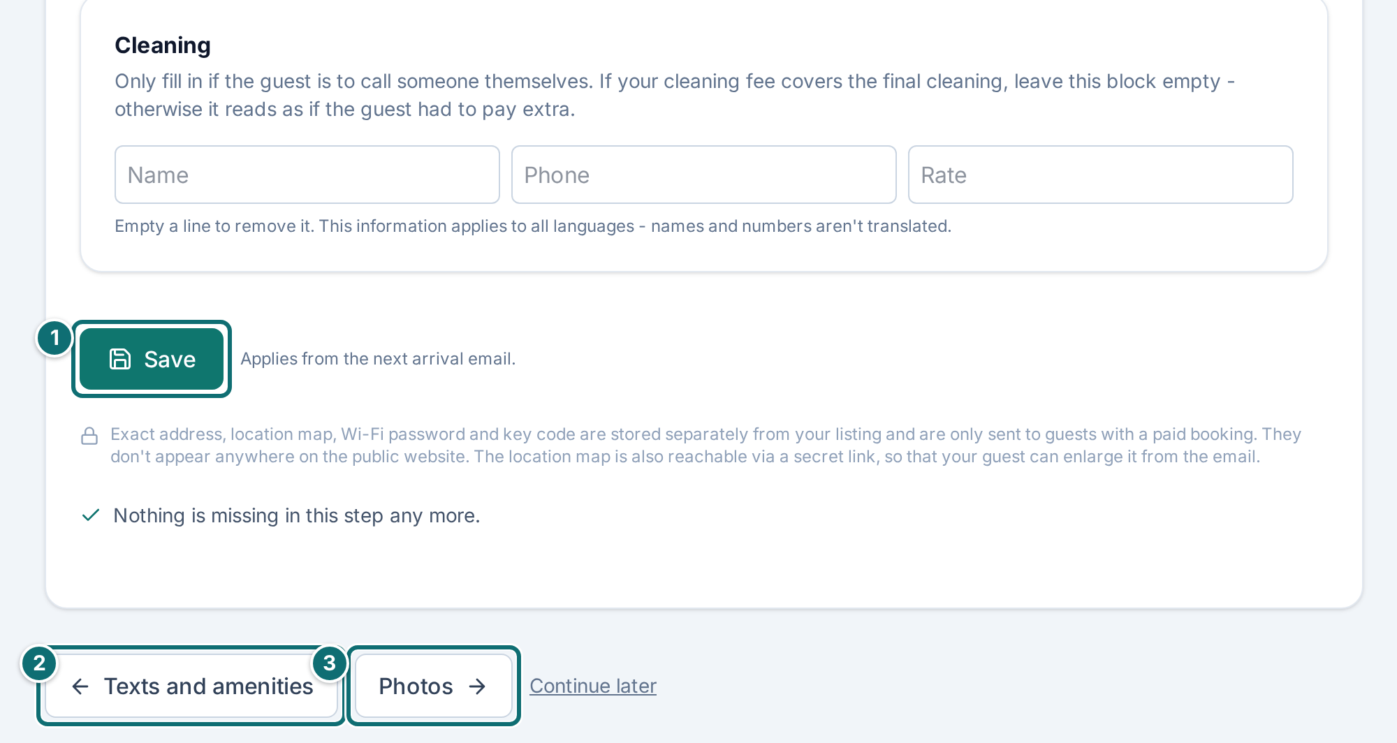Assistant step 3, end: save and navigation