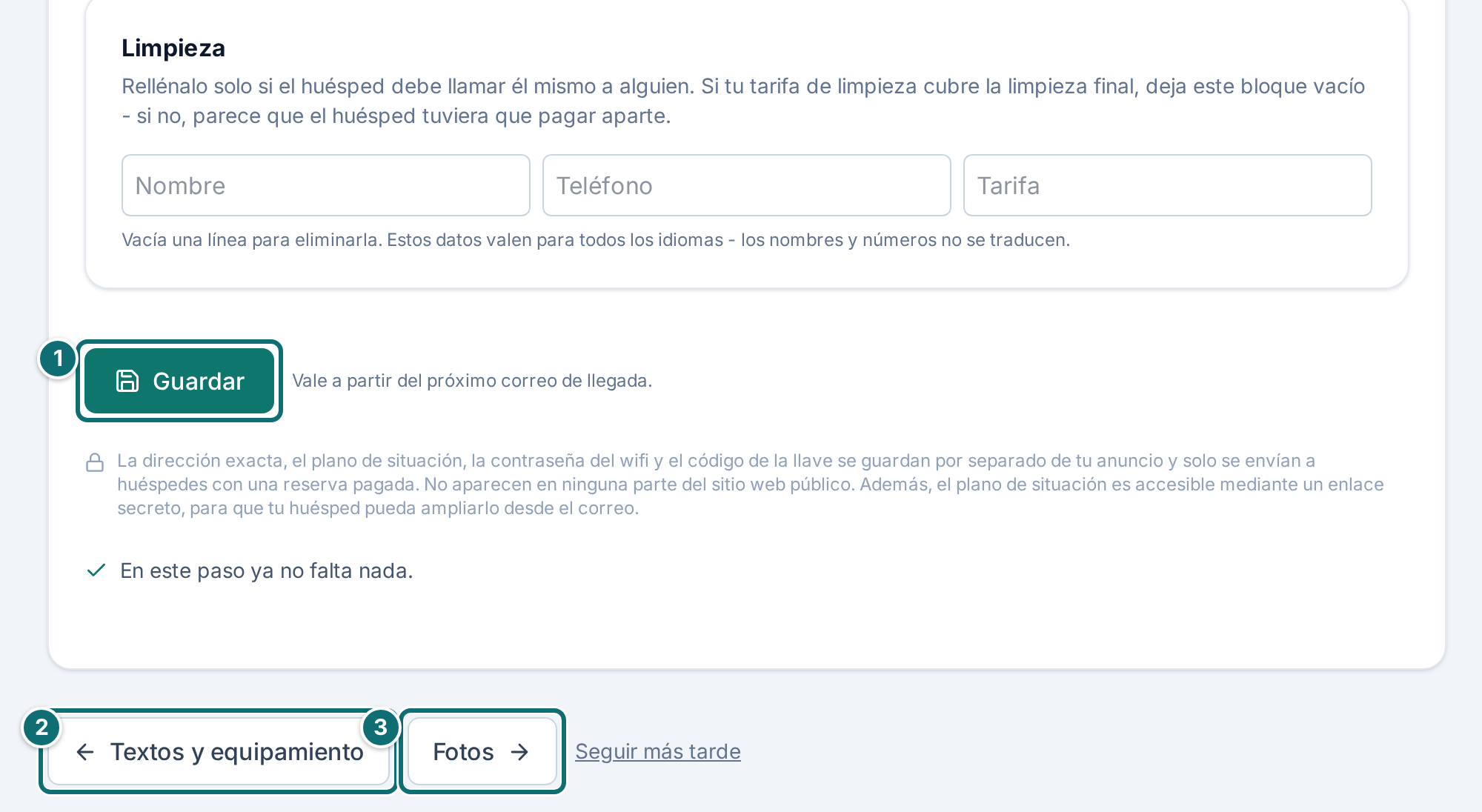 Asistente paso 3, final: guardar y navegación