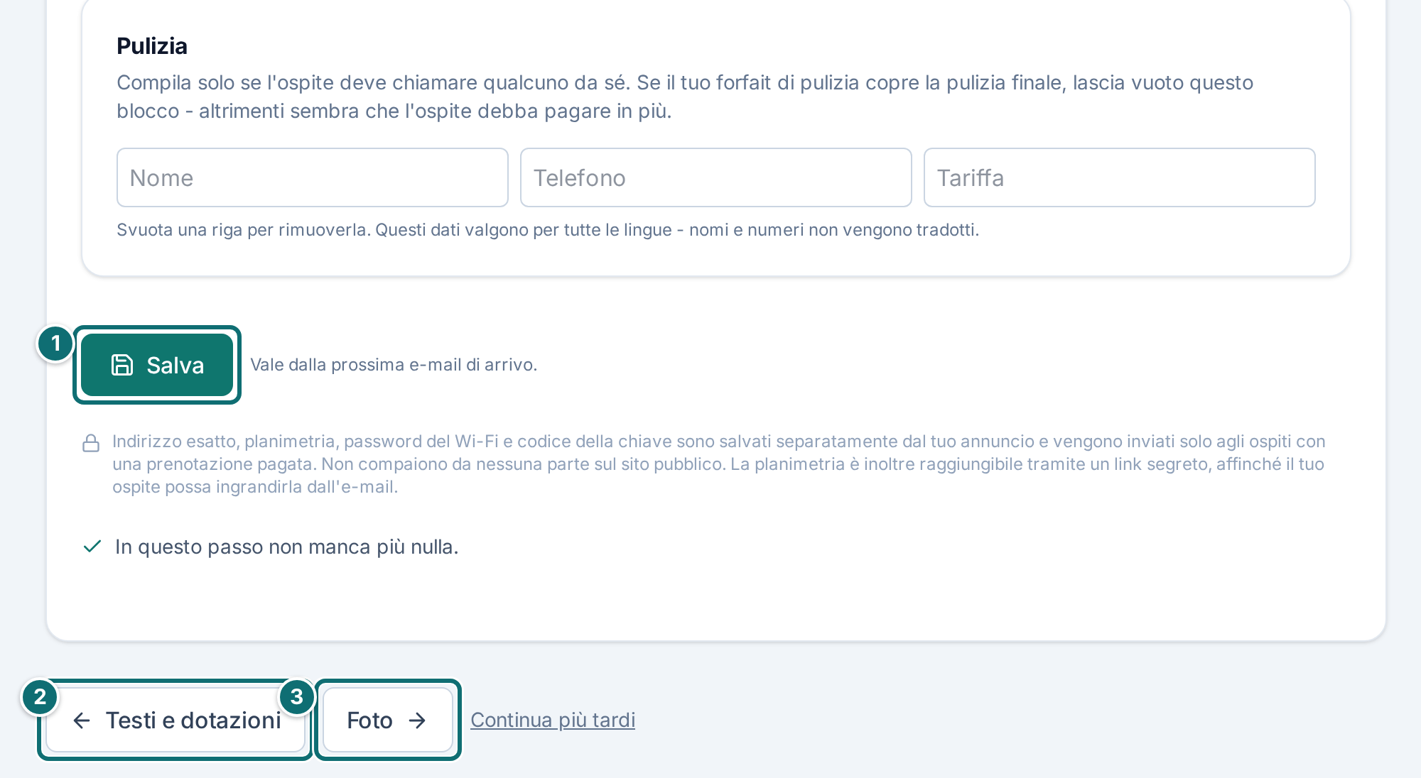 Assistente passo 3, fine: salvare e navigazione