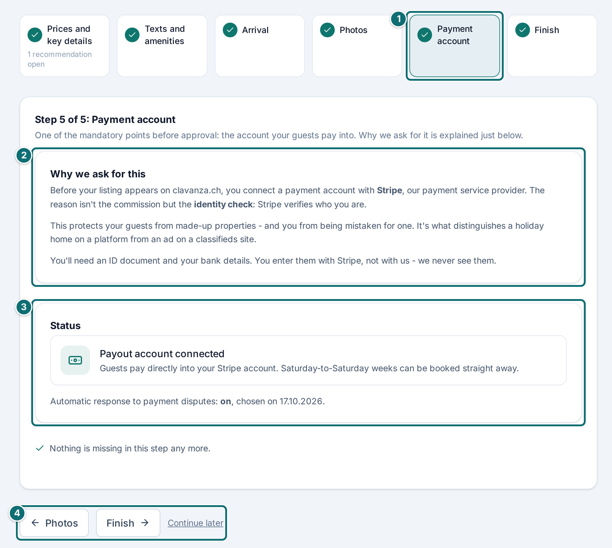 Assistant step 5 Payment account, owner view