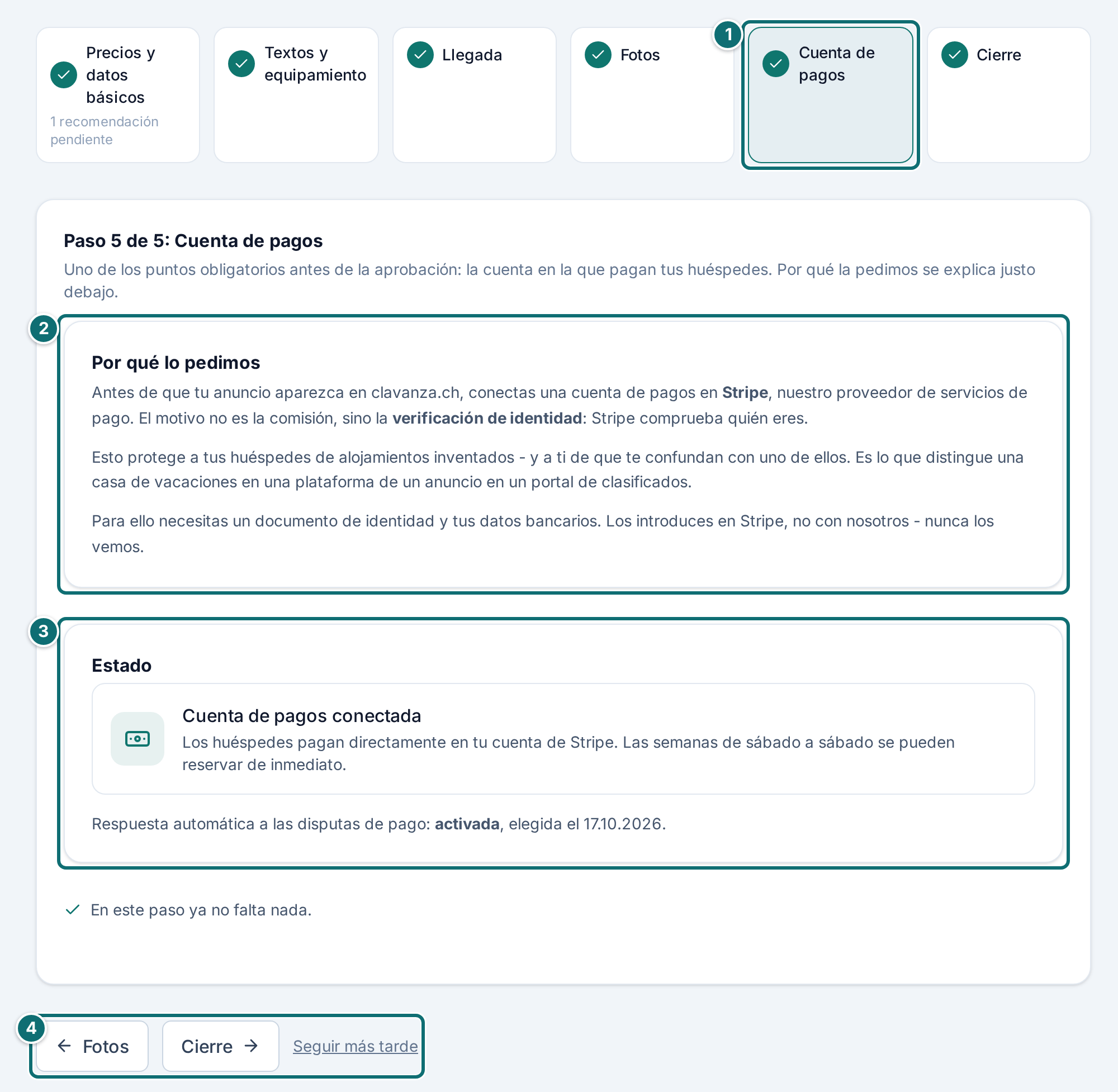 Asistente paso 5 Cuenta de pagos, vista de propietario