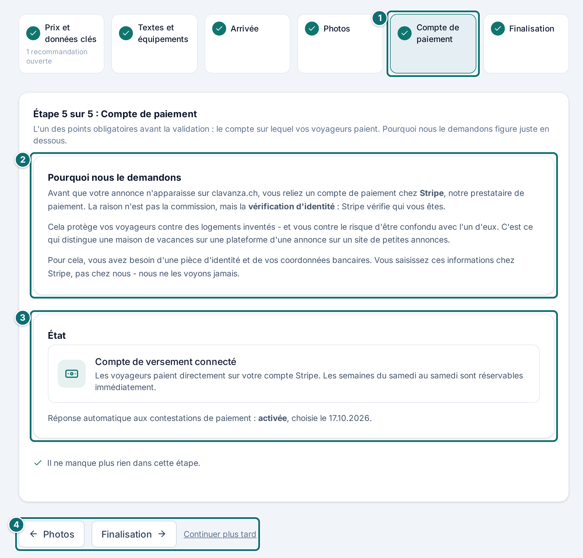 Assistant étape 5 Compte de paiement, vue propriétaire