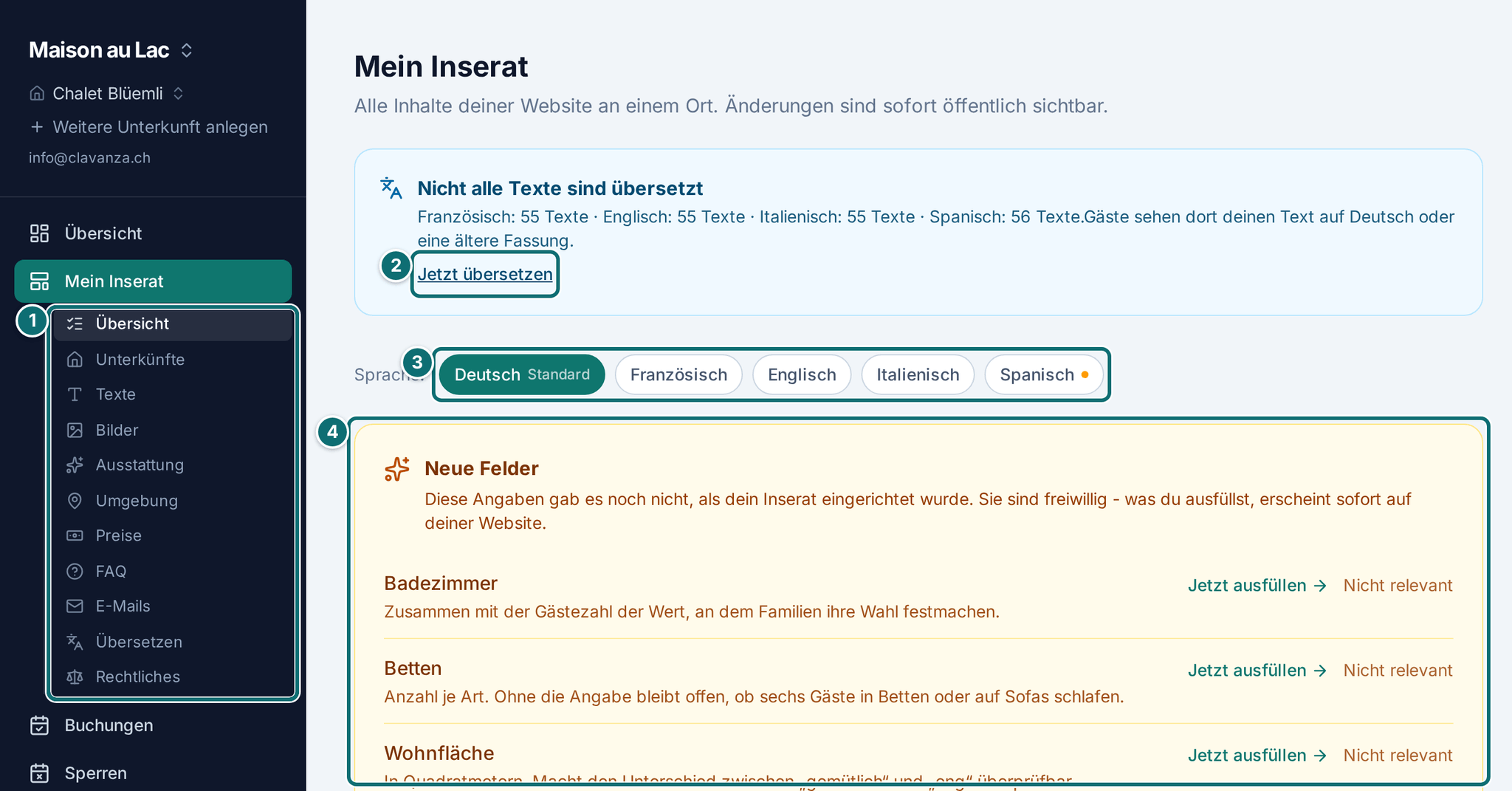 Mein Inserat, Übersicht, mit Seitenleiste und Untermenü