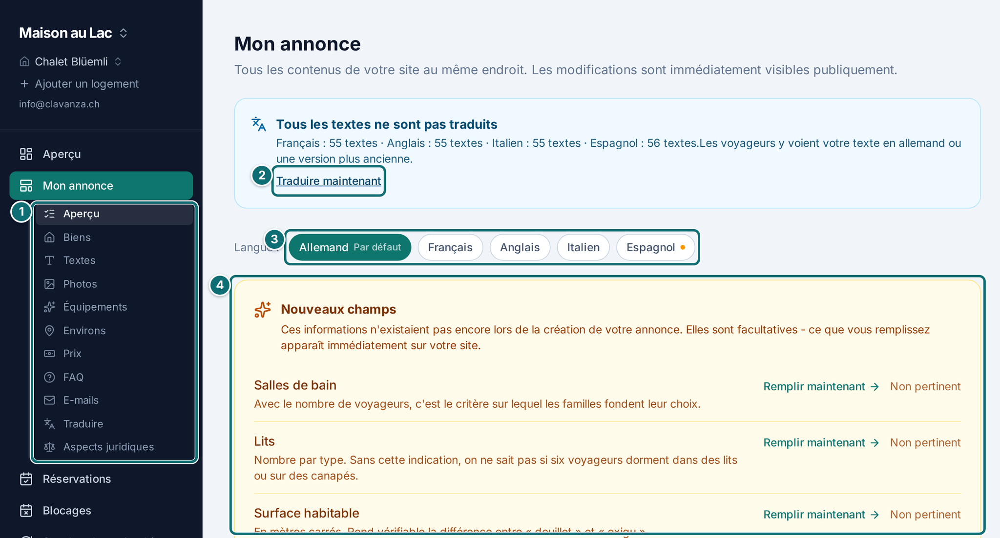 Mon annonce, aperçu, avec barre latérale et sous-menu