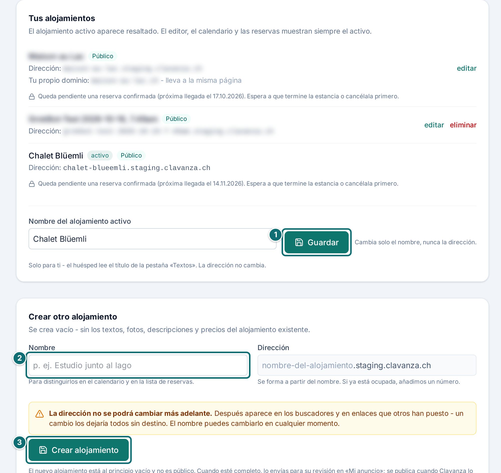 Mi anuncio, alojamientos: cambiar el nombre del alojamiento activo y crear otro