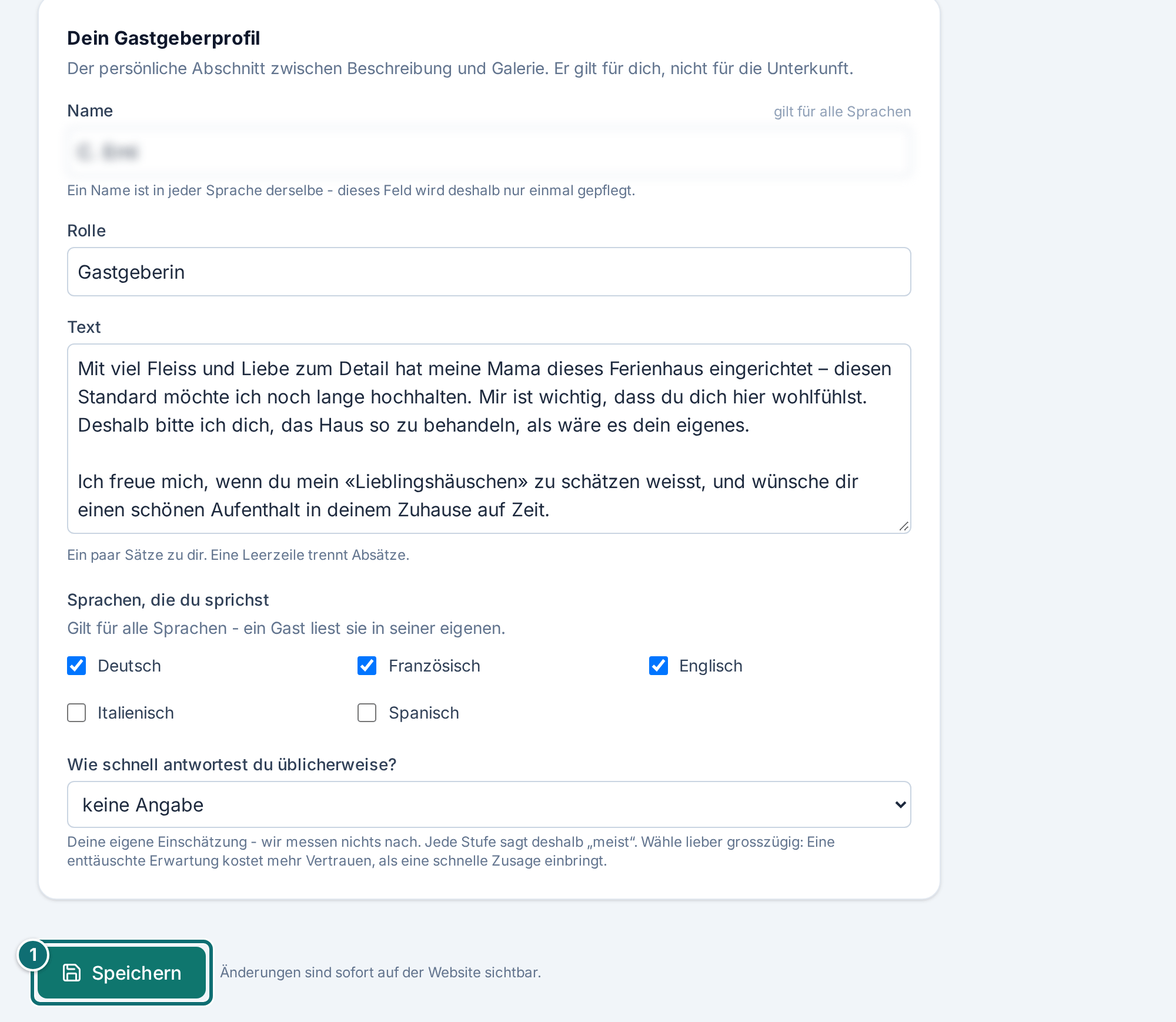 Mein Inserat, Texte: Gastgeberprofil und Speichern