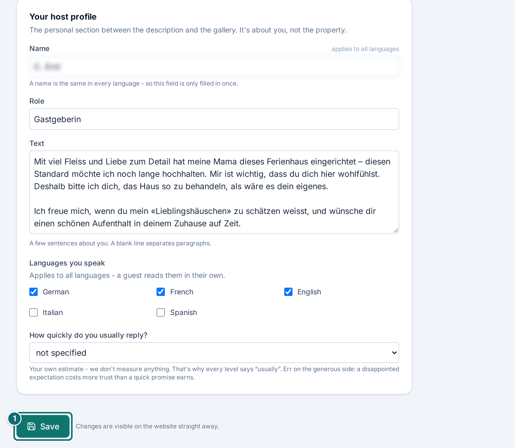 My listing, texts: host profile and save
