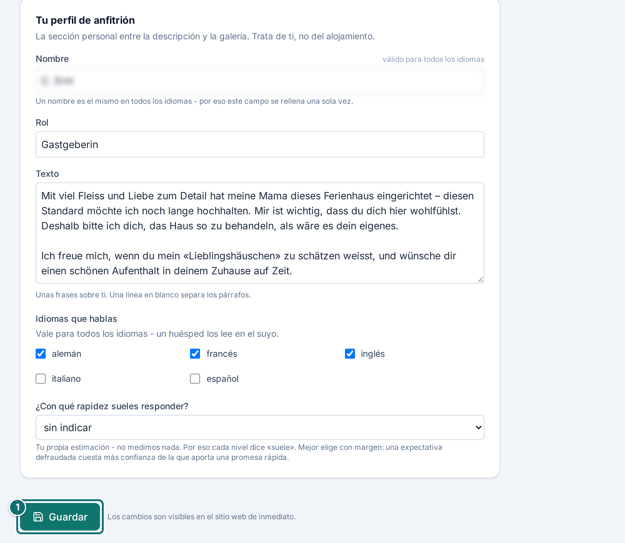 Mi anuncio, textos: perfil de anfitrión y guardar