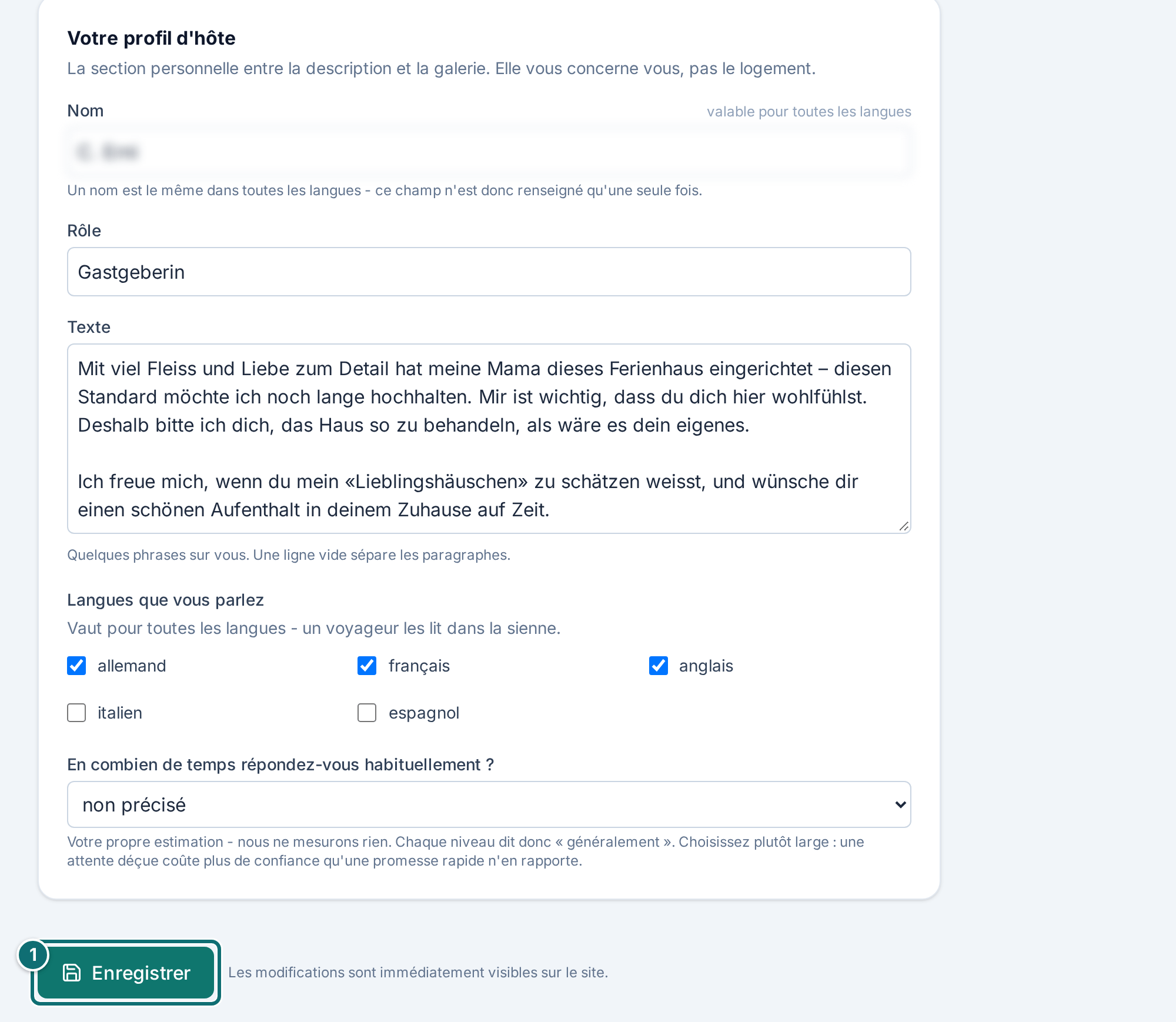 Mon annonce, textes : profil d'hôte et enregistrer