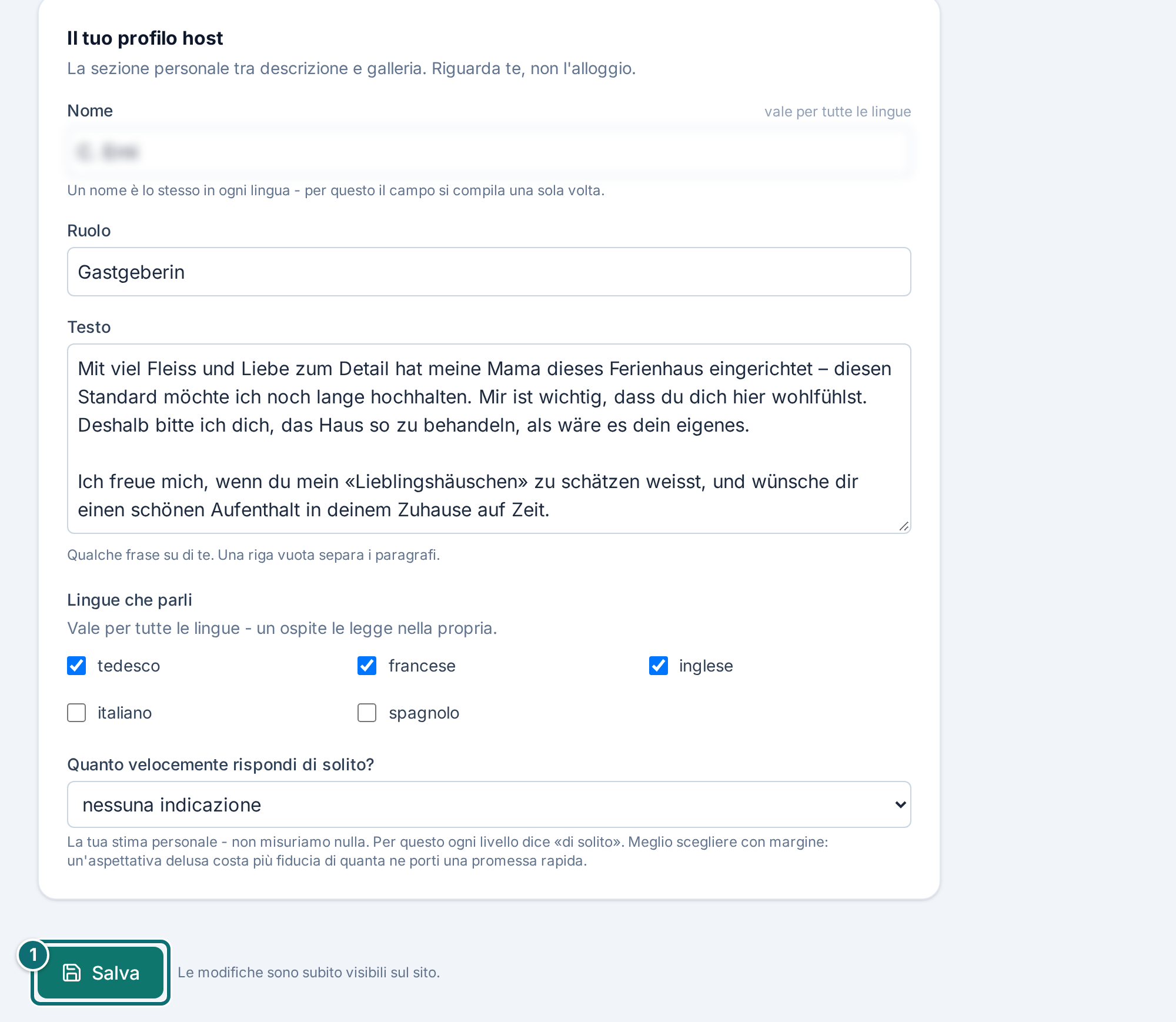 Il mio annuncio, testi: profilo di host e salvataggio