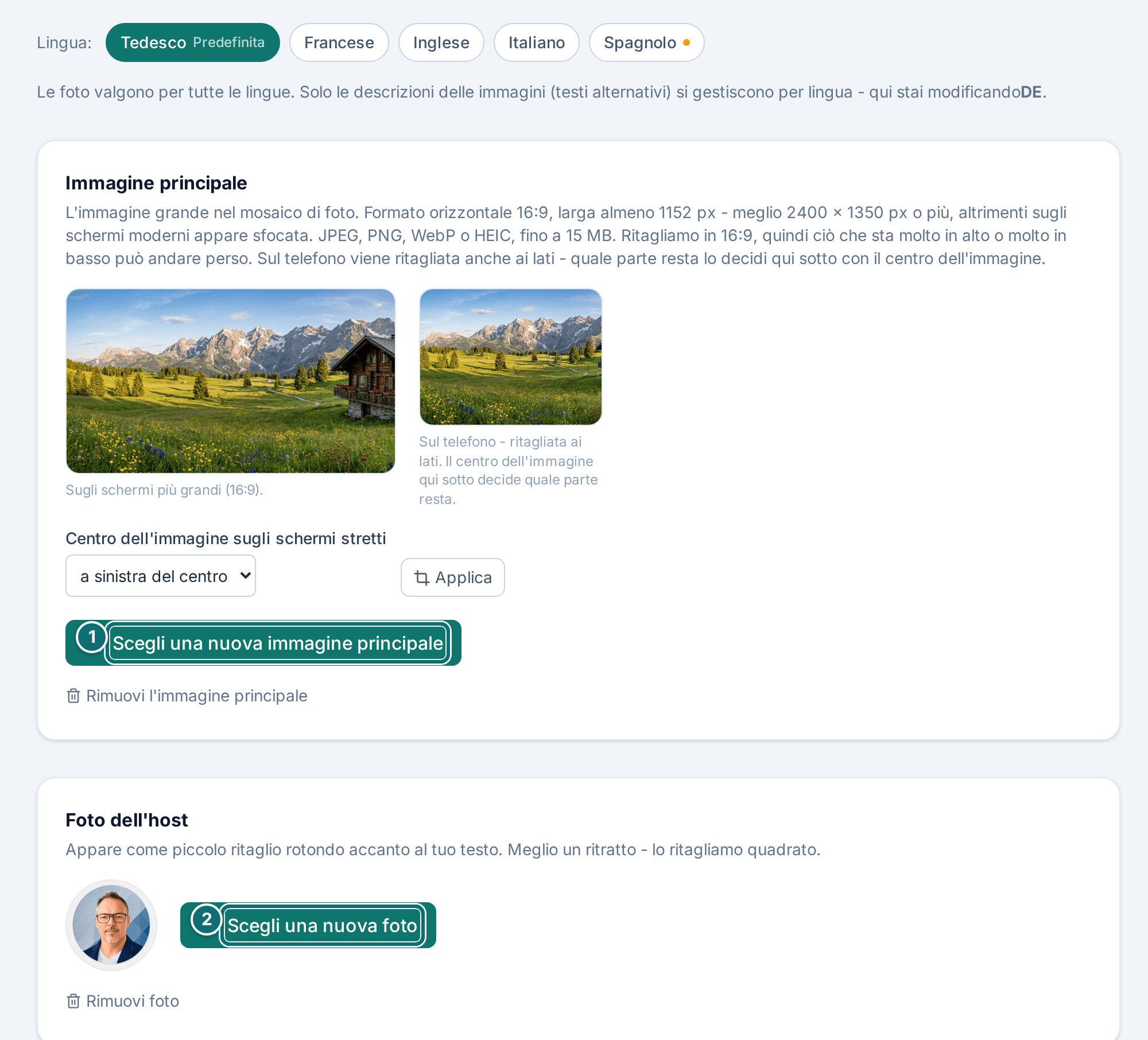 Il mio annuncio, foto: immagine principale e foto dell'host