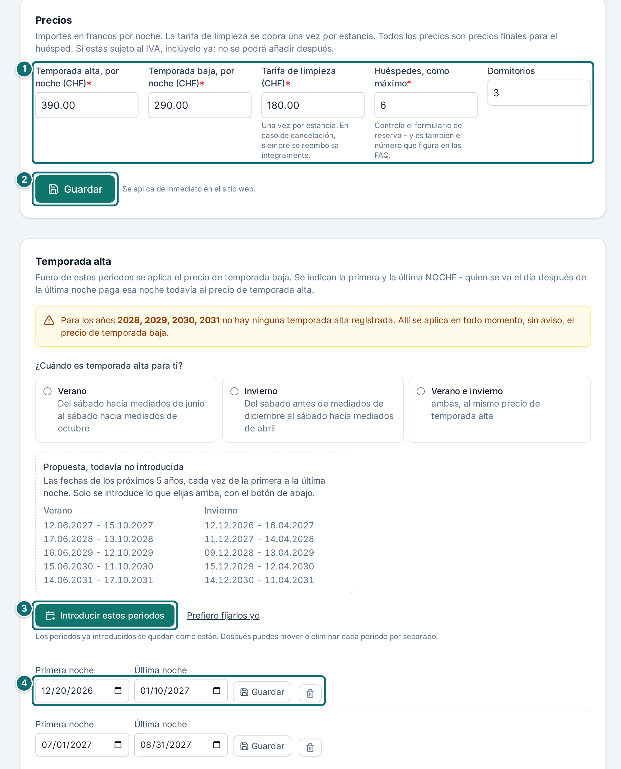 Mi anuncio, precios: precios base y temporada alta