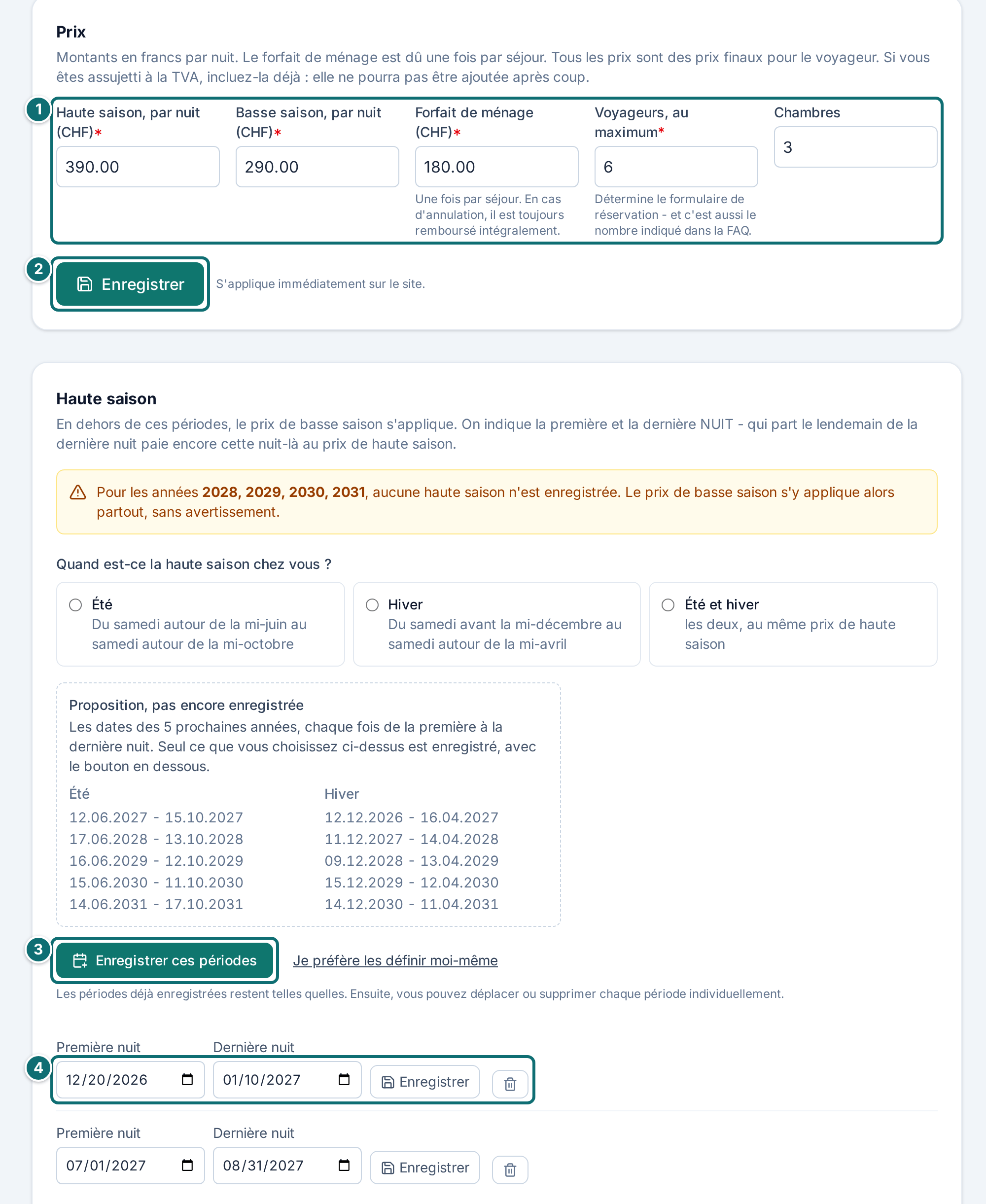 Mon annonce, prix : prix de base et haute saison