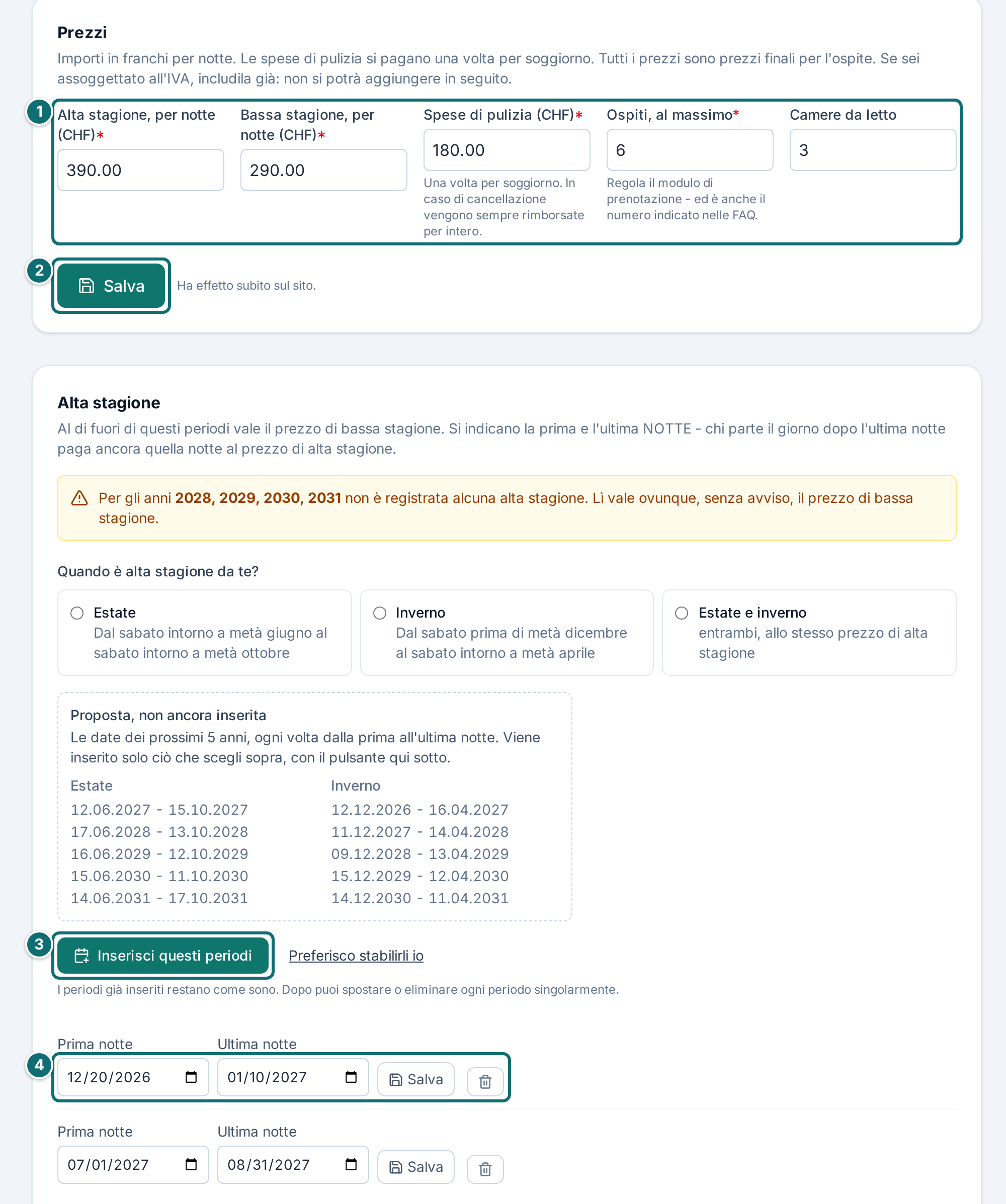 Il mio annuncio, prezzi: prezzi base e alta stagione