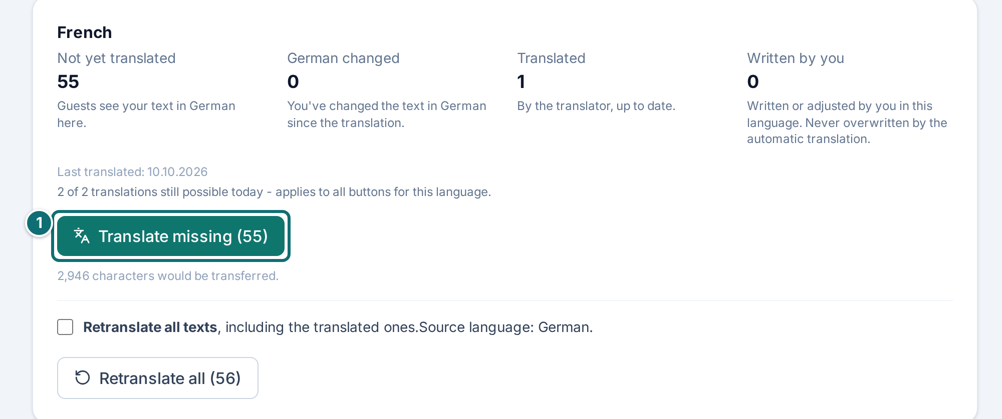 My listing, translate: status per language