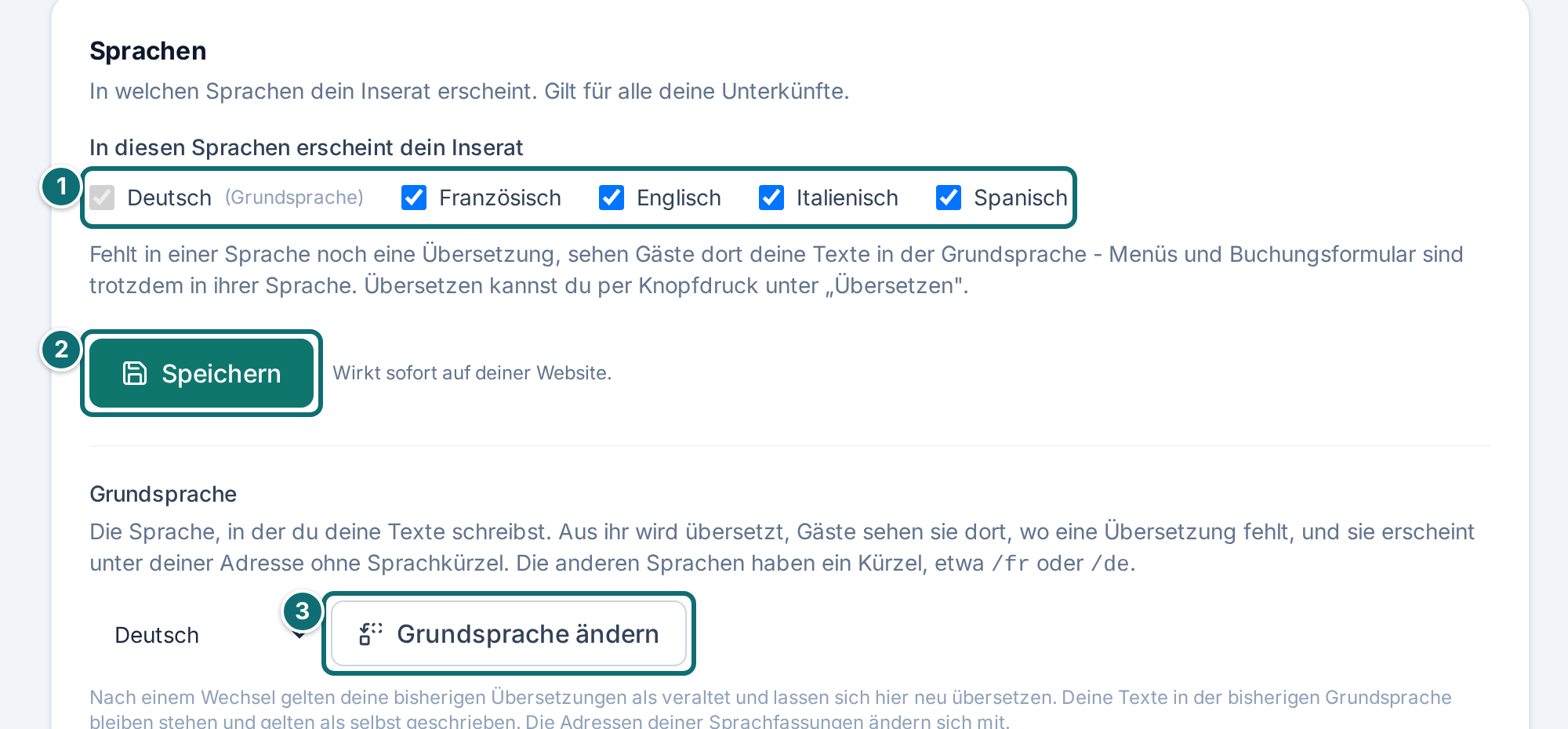 Mein Inserat, Übersetzen: Sprachen und Grundsprache