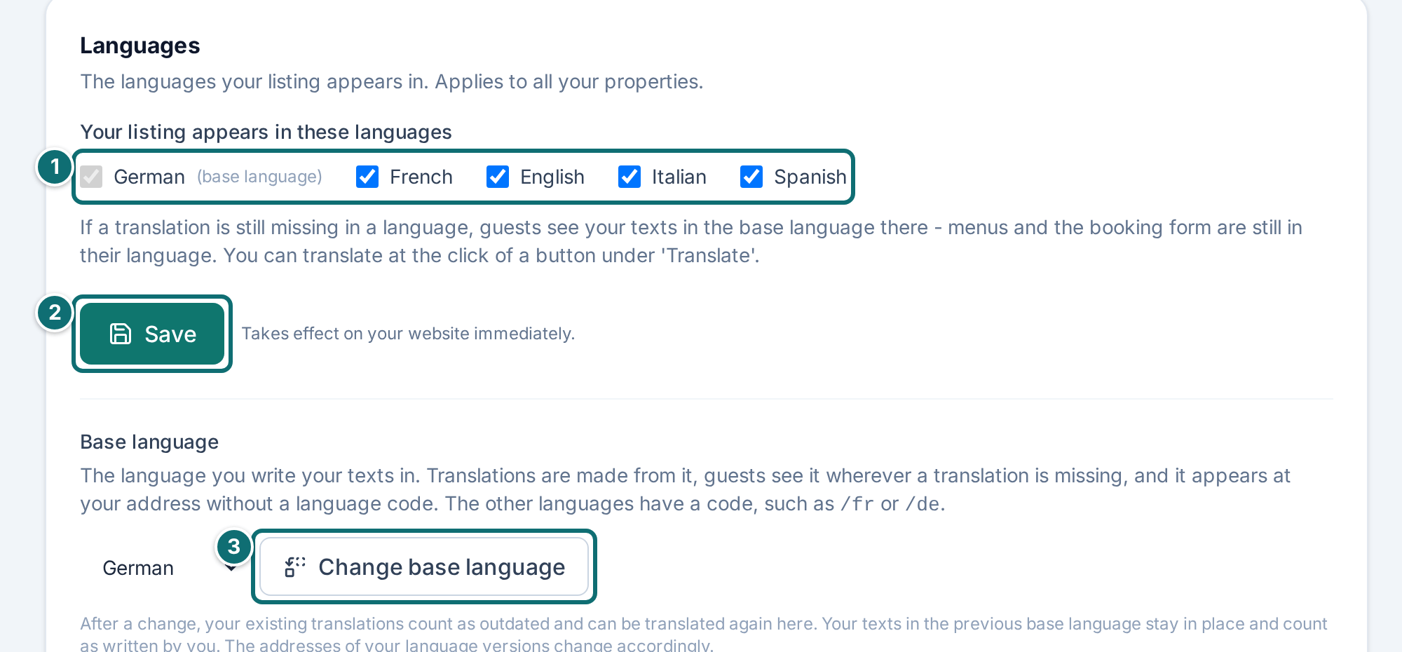 My listing, translate: languages and base language