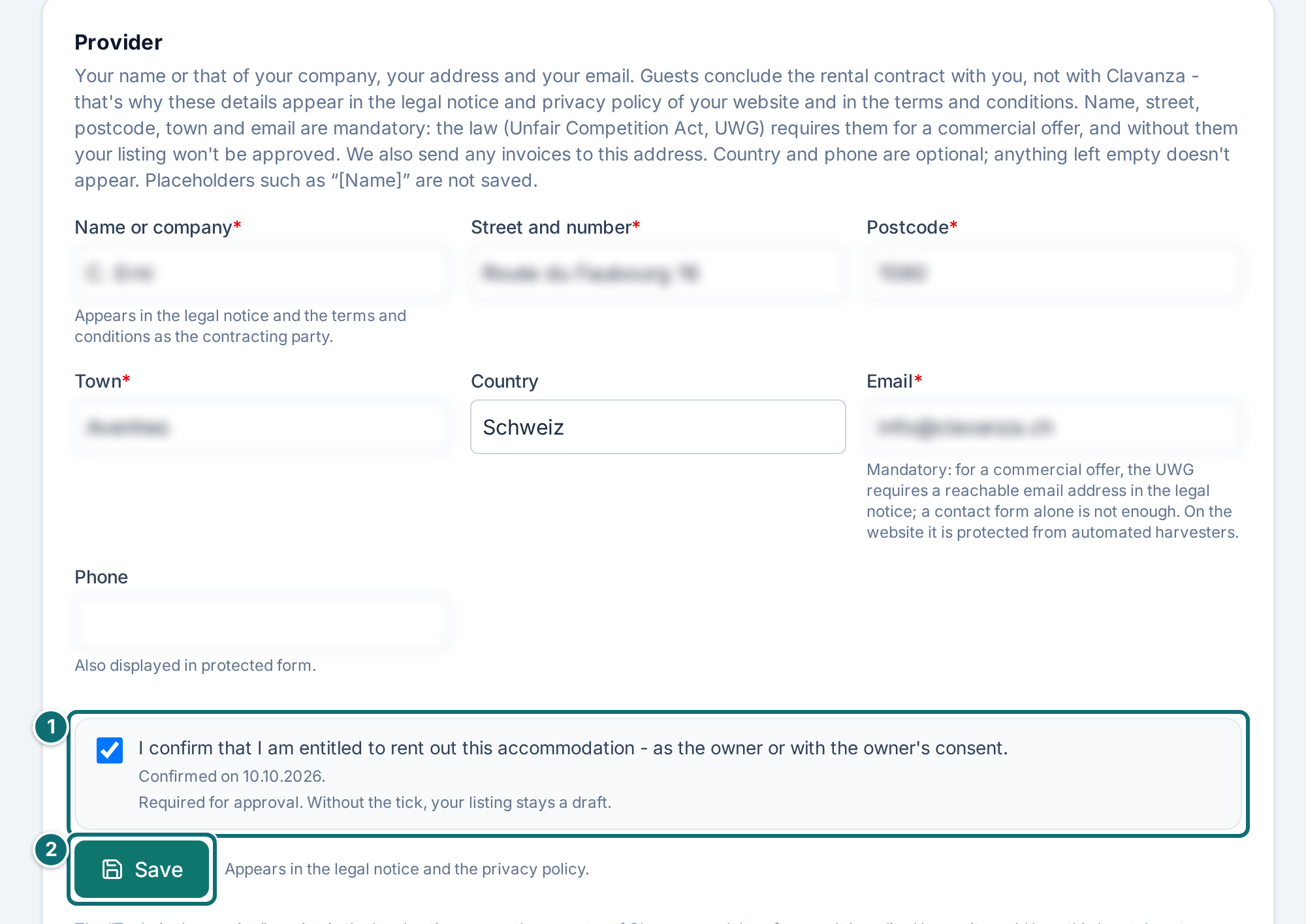 My listing, legal: details of the host (data made unreadable)