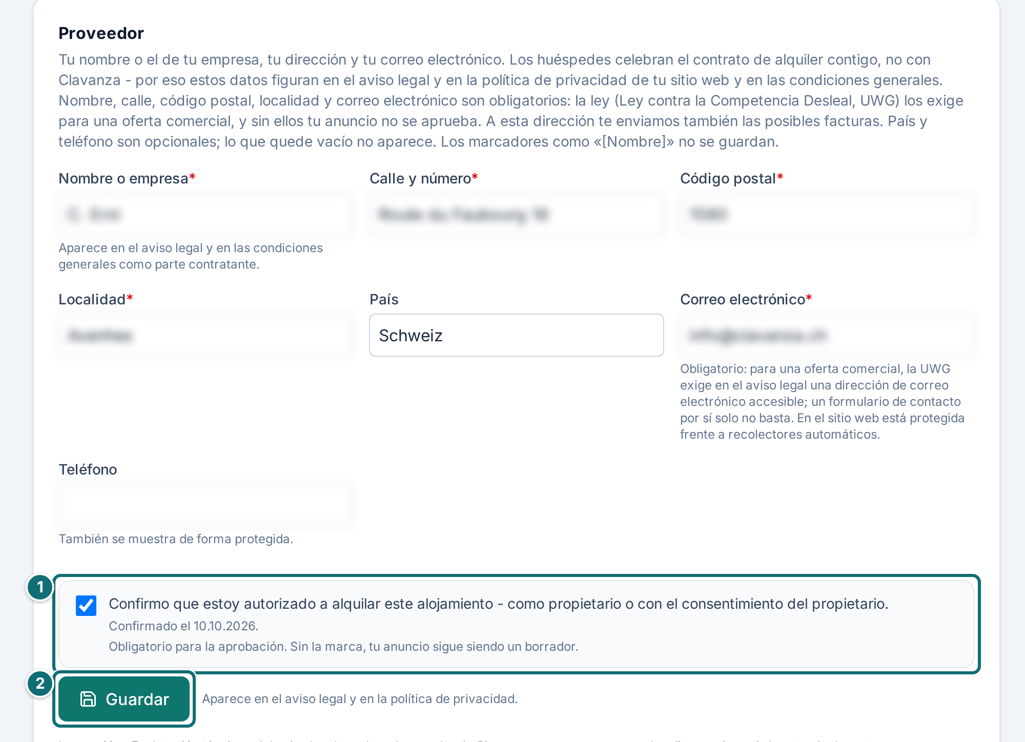 Mi anuncio, aspectos legales: datos del anfitrión (datos ilegibles)