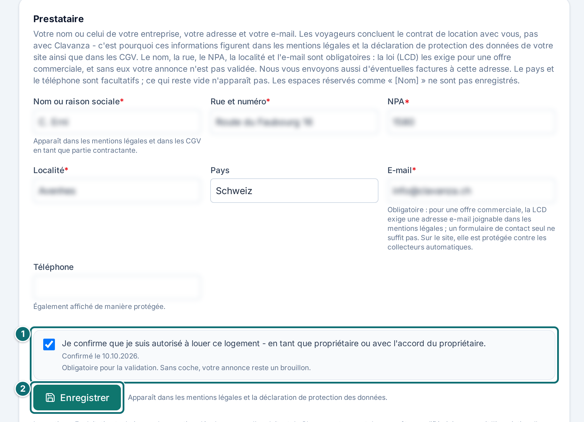 Mon annonce, aspects juridiques : informations sur le loueur (données rendues illisibles)
