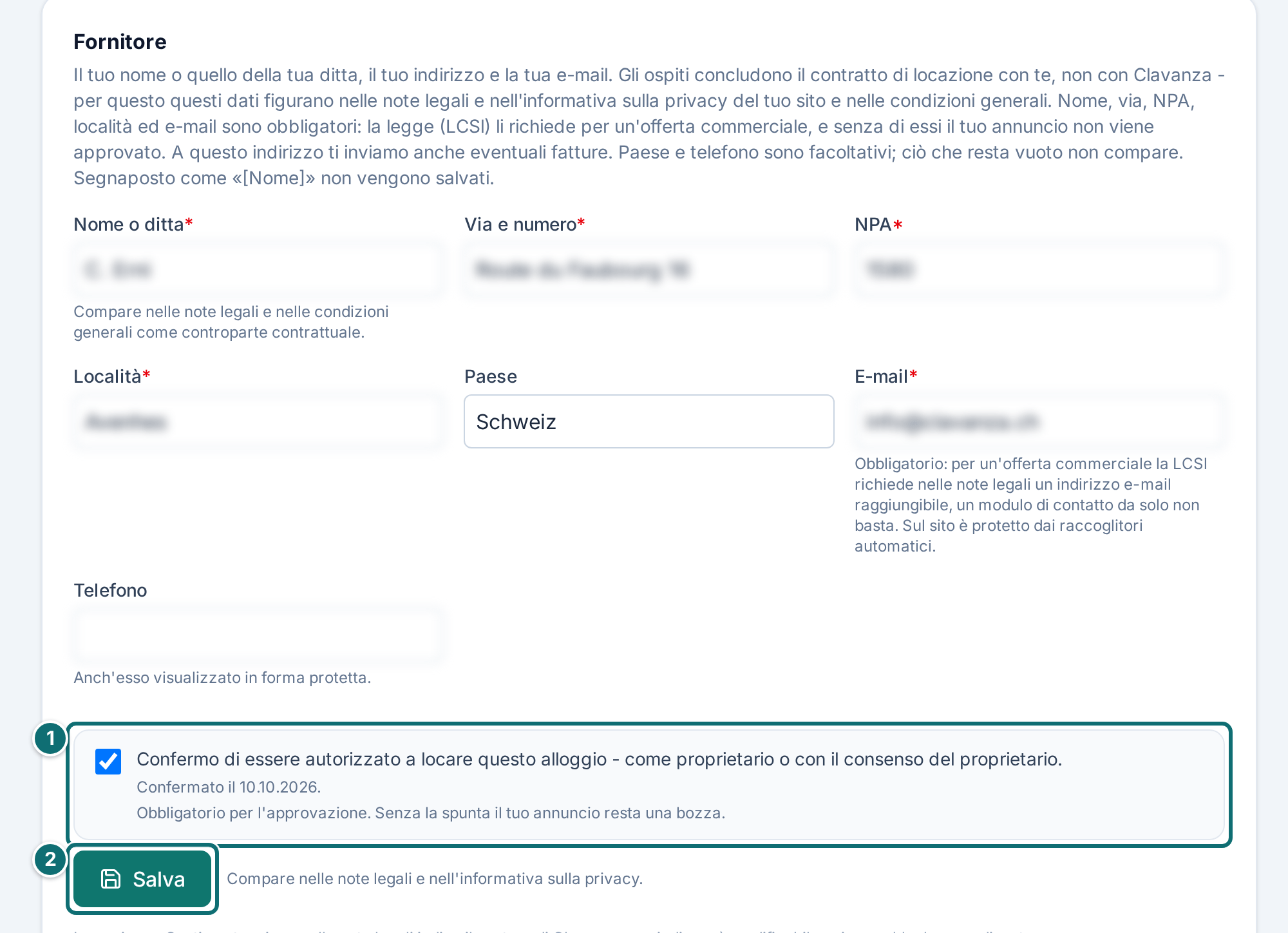 Il mio annuncio, aspetti legali: dati del locatore (dati resi illeggibili)