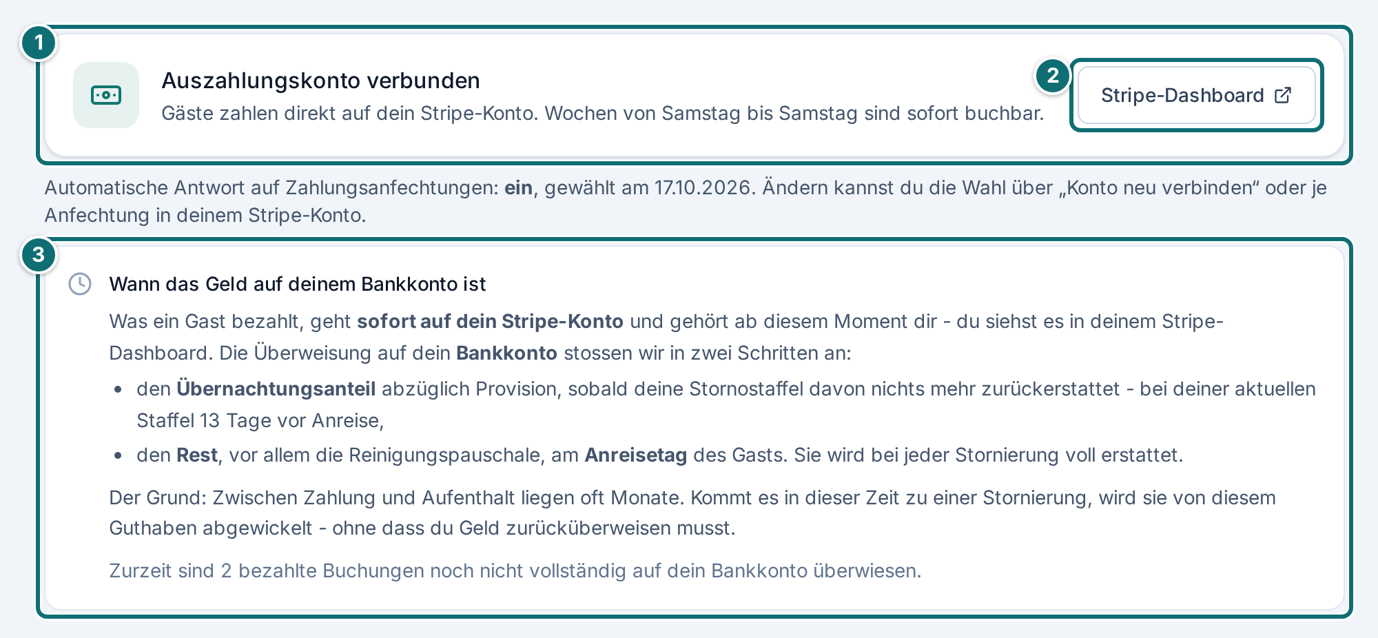 Übersicht (Eigentümer): Auszahlungskonto und wann das Geld ankommt