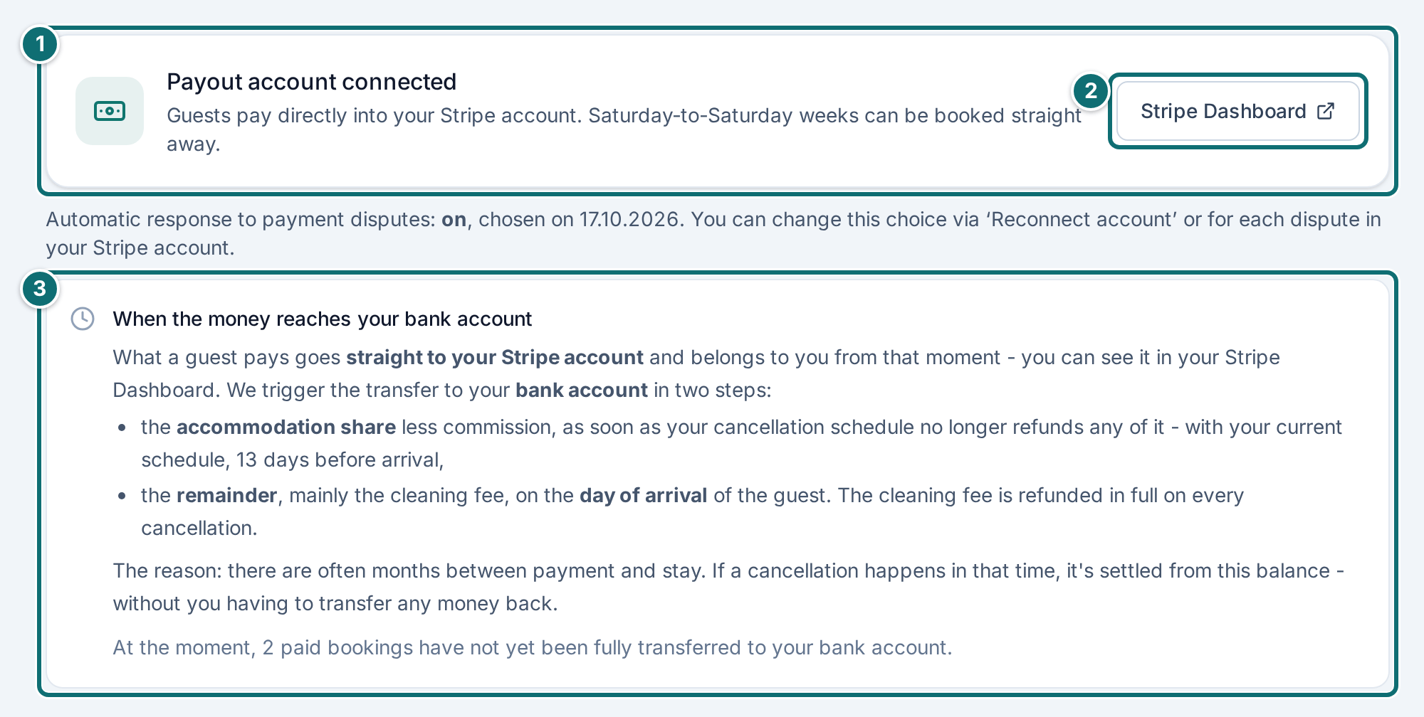 Overview (owner): payout account and when the money arrives