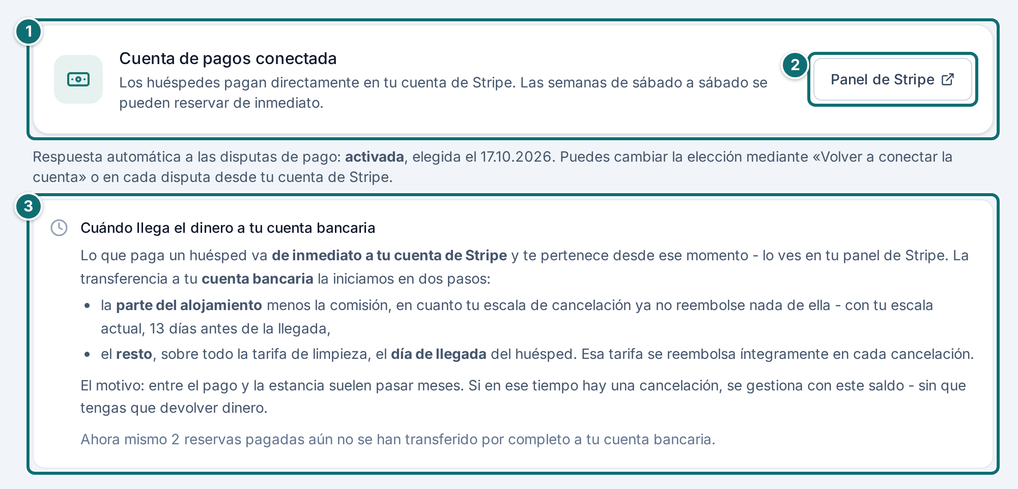 Resumen (propietario): cuenta de pagos y cuándo llega el dinero