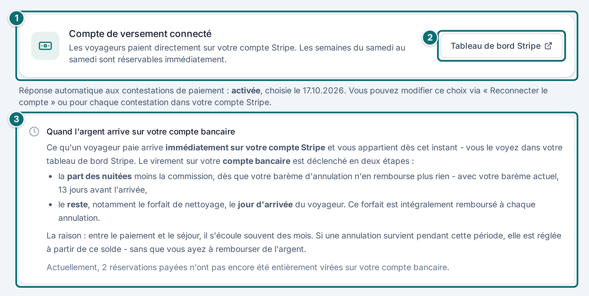 Aperçu (propriétaire) : compte de versement et quand l'argent arrive