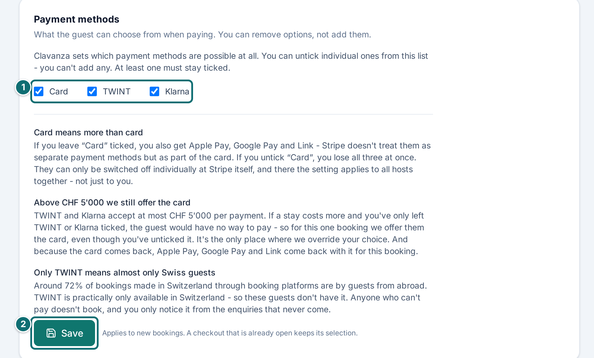 My listing, prices: payment methods