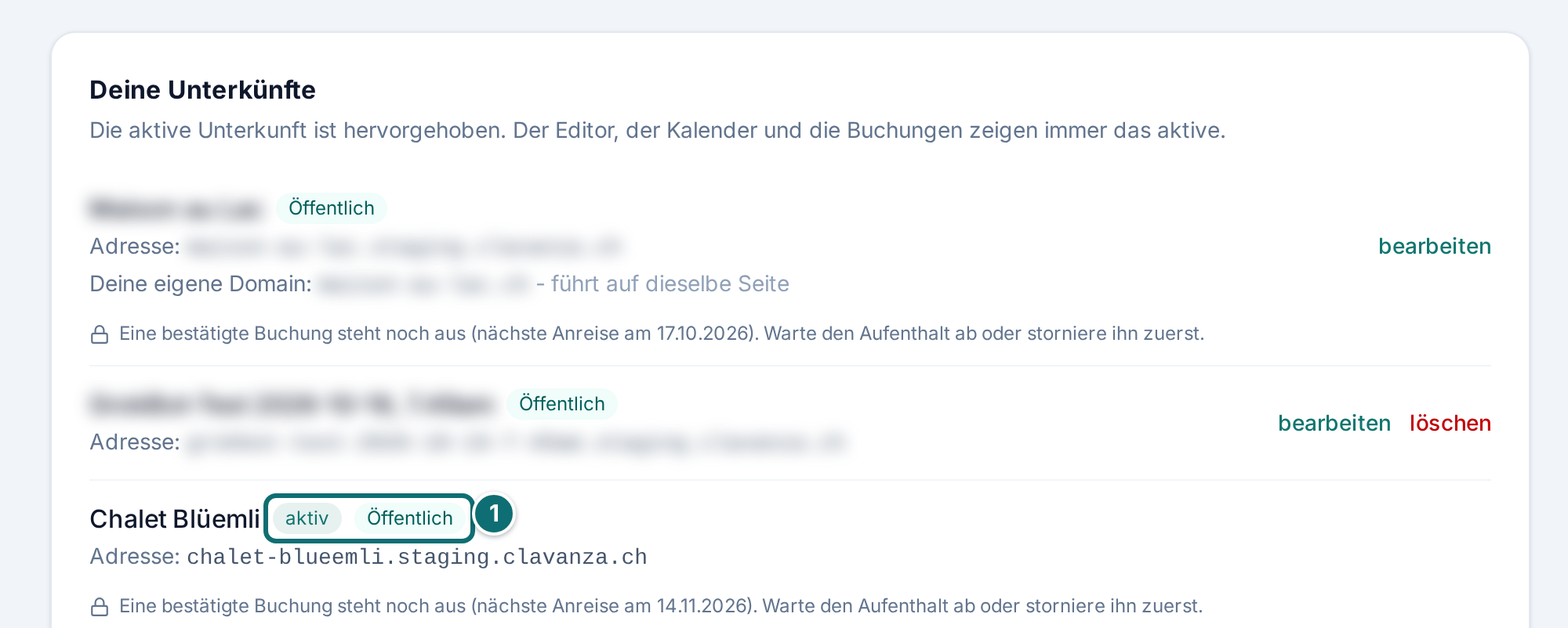 Freigabestatus in der Liste der Unterkünfte