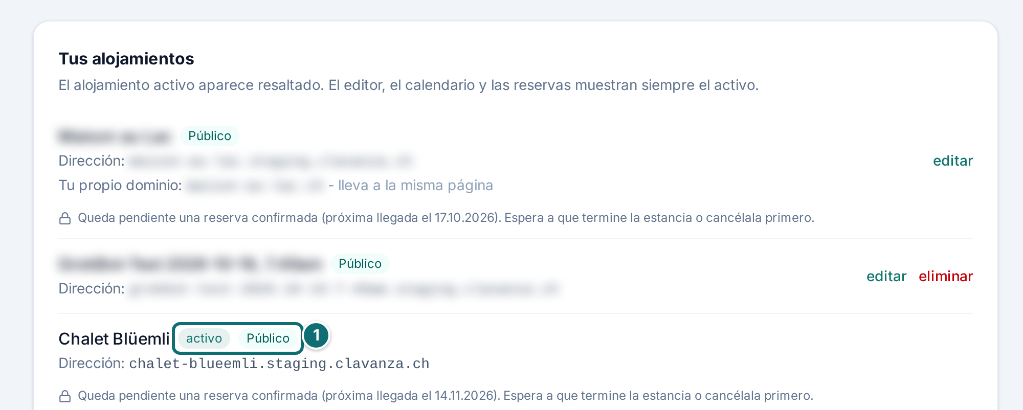 Estado de aprobación en la lista de alojamientos