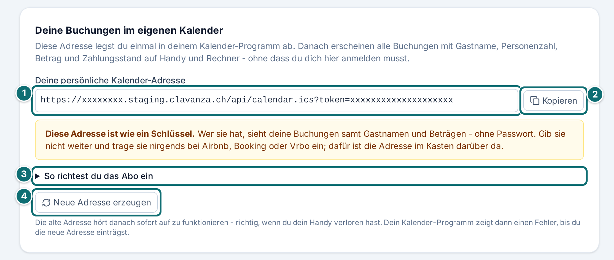 Kalender-Abo: Deine Buchungen im eigenen Kalender (Token unkenntlich gemacht)